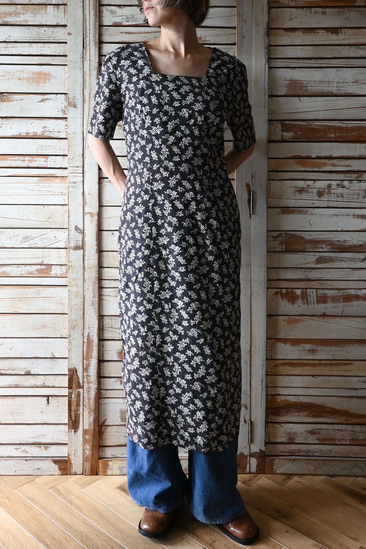 80's Flower pattern dress/BLACK