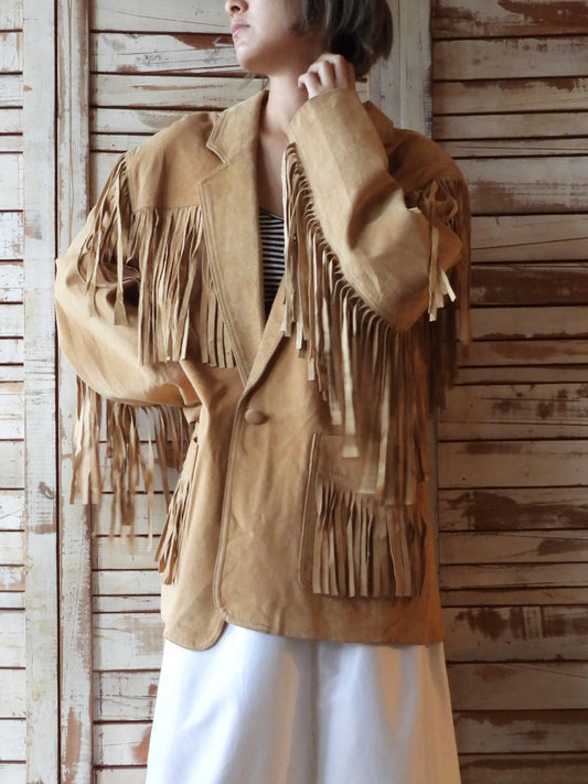 Suede fringe big jacket/CAMEL