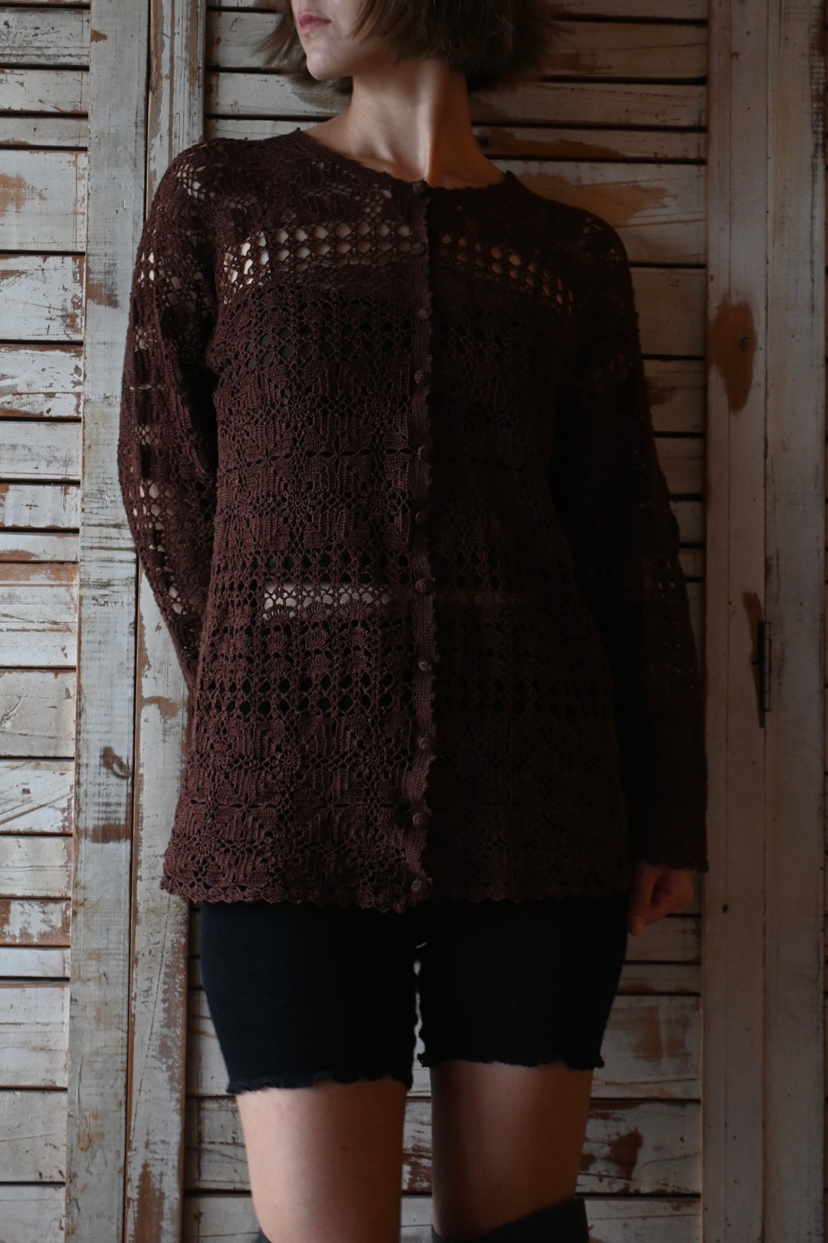 90's Floral crochet knit/BROWN