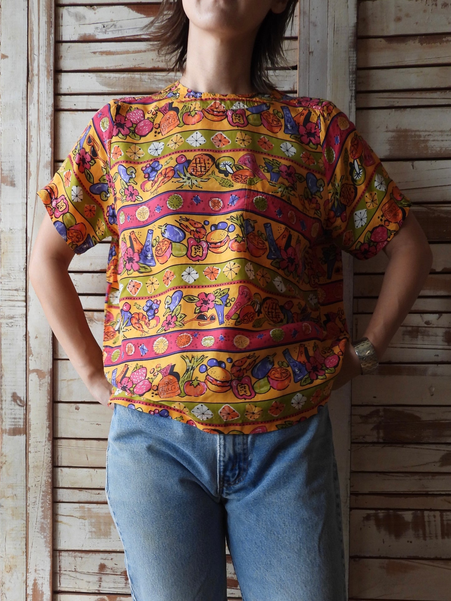 Tropical pattern silk blouse/ORANGE/YELLOW