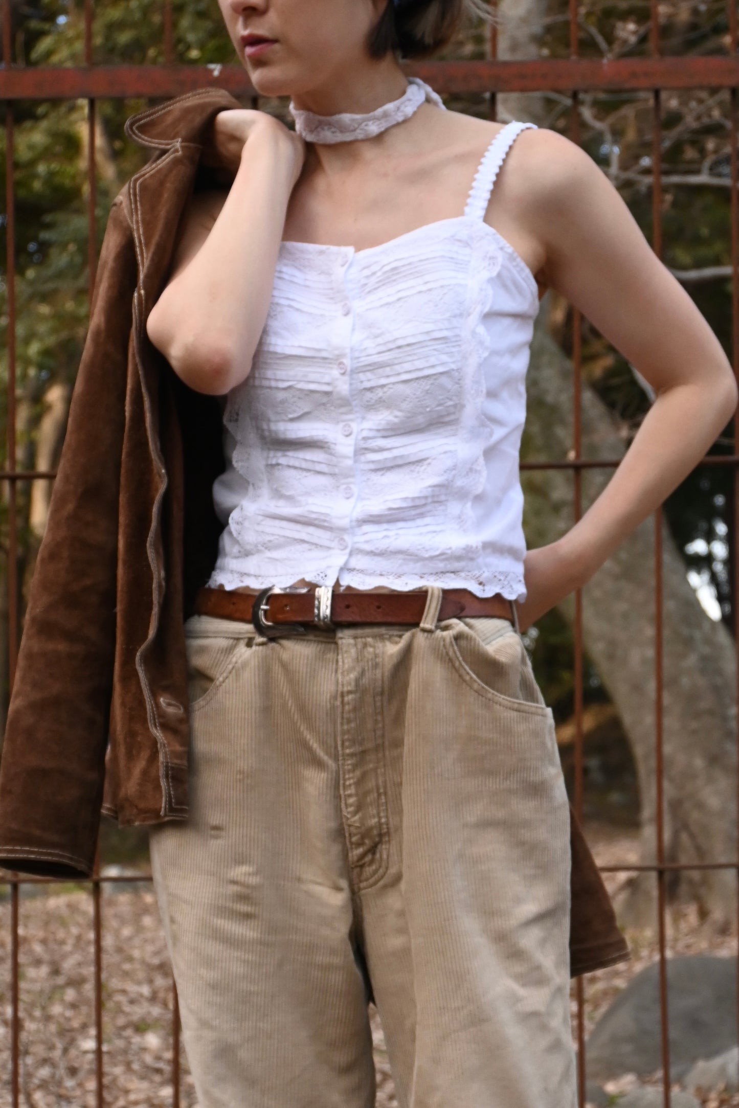 Cotton lace trimmed bustier/WHITE
