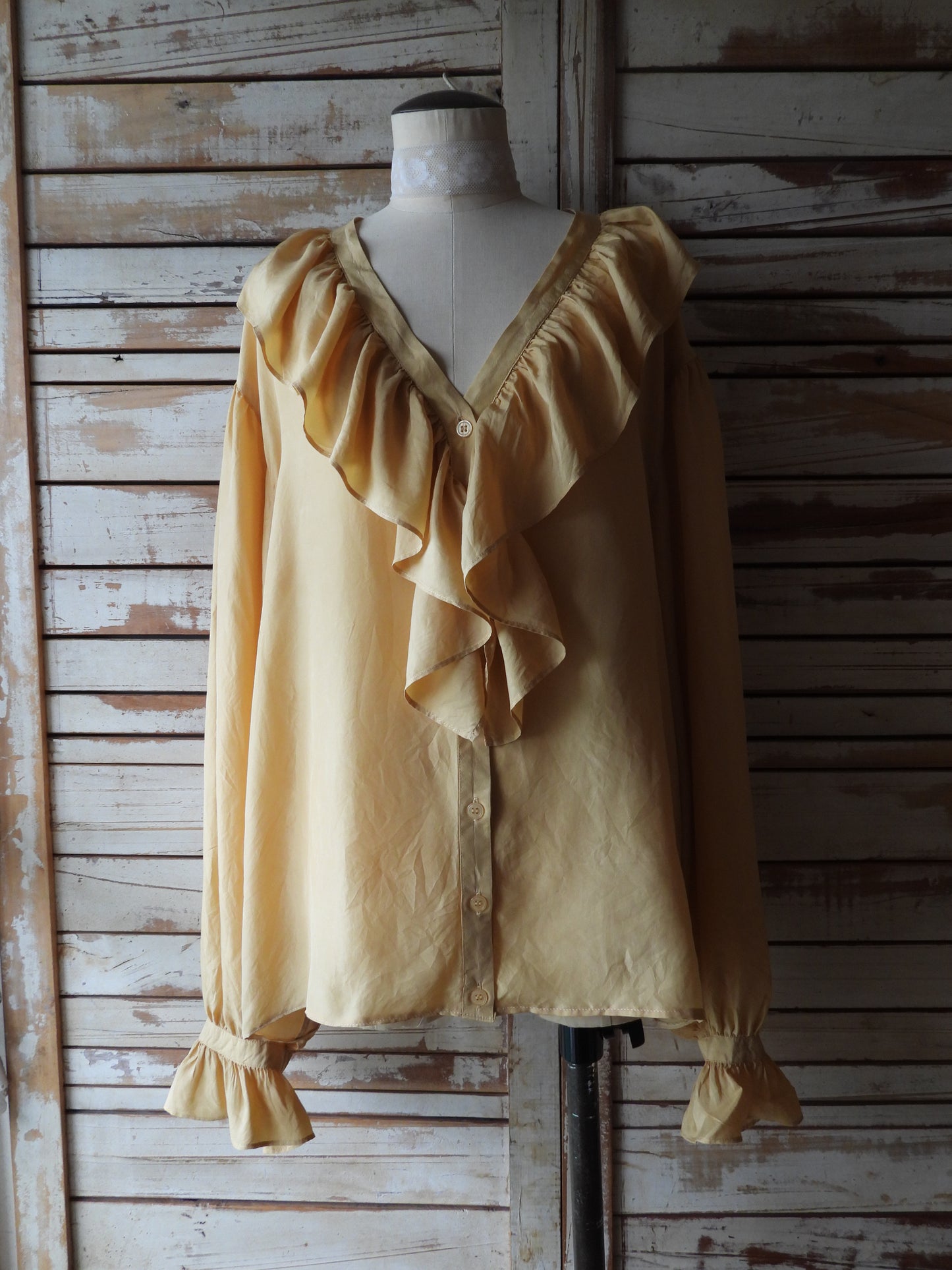 L/S Frill silk blouse/YELLOW BEIGE