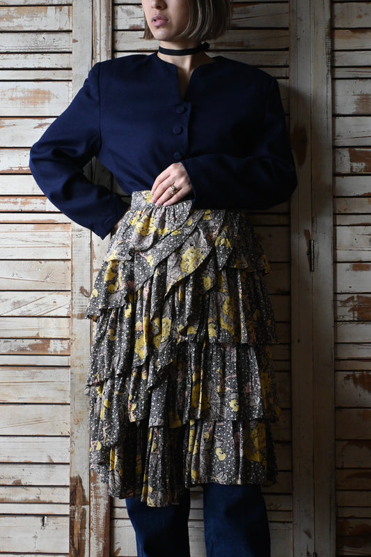 80's Flower tiered skirt/BLACK
