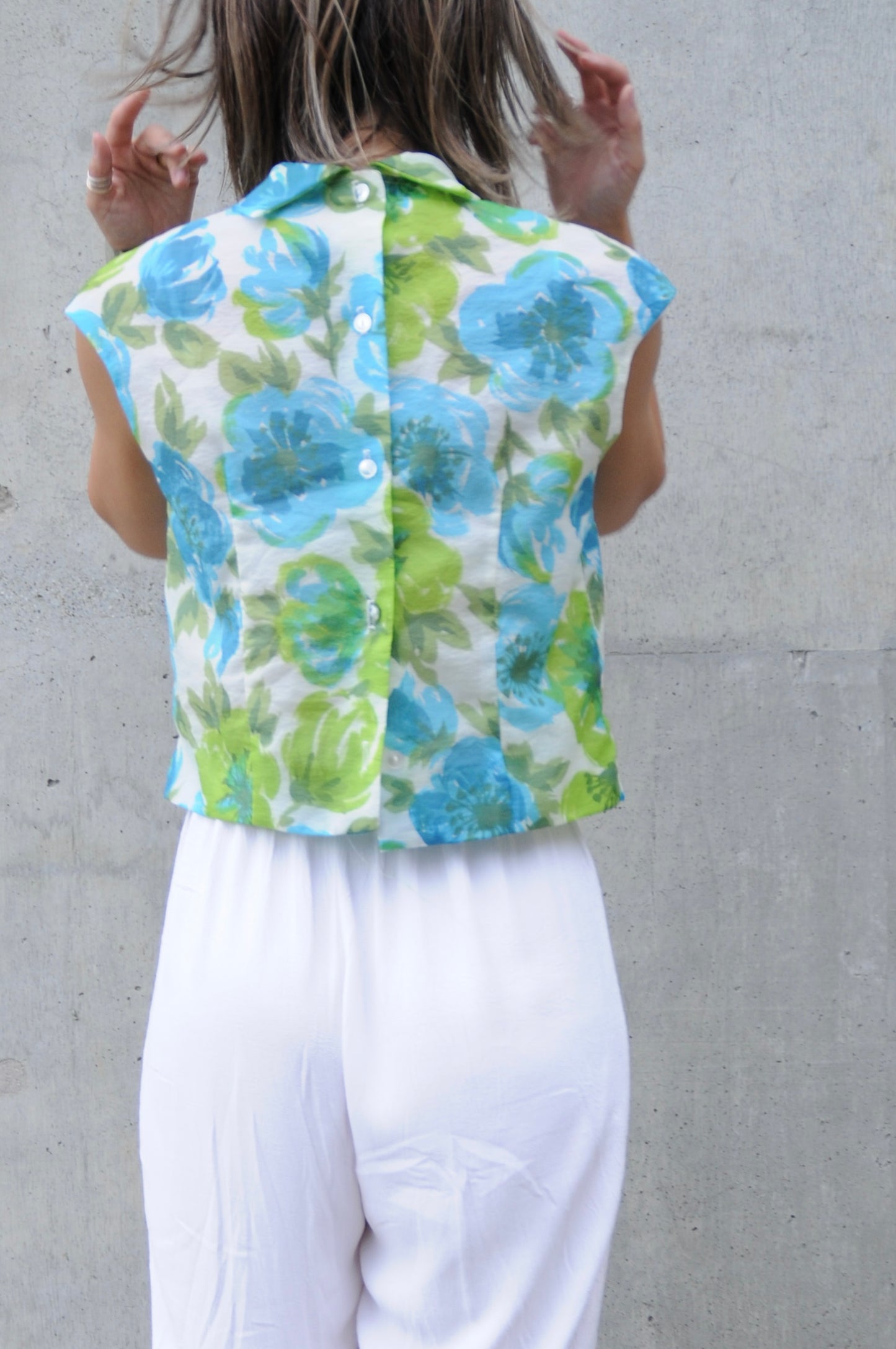 60's N/S Floral blouse/BLUE/GREEN