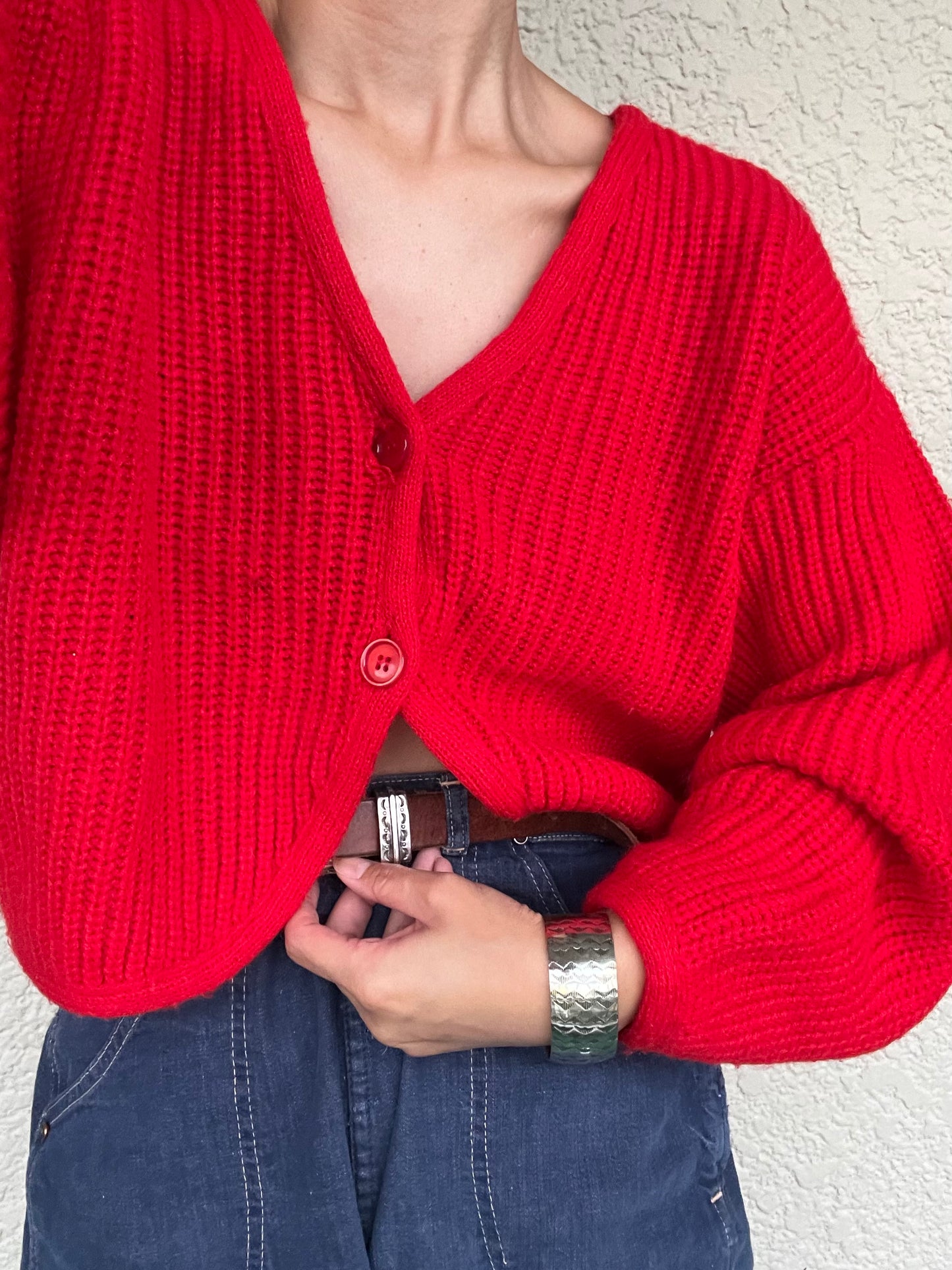 Lib knit cardigan/RED