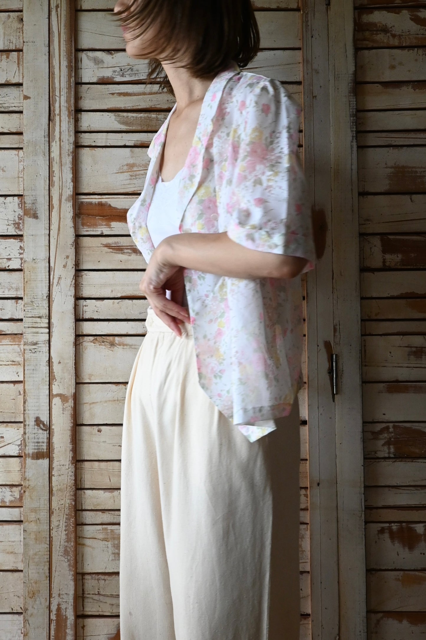 80's Silk tuck pants/CREAM