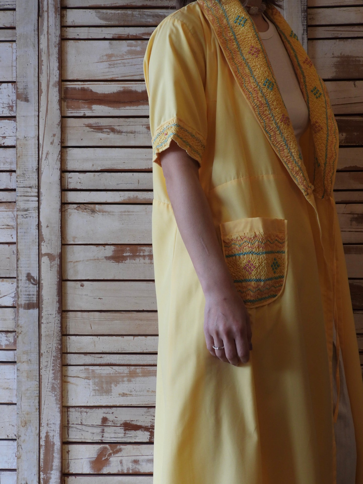 Smocking embroidered long gown dress/YELLOW