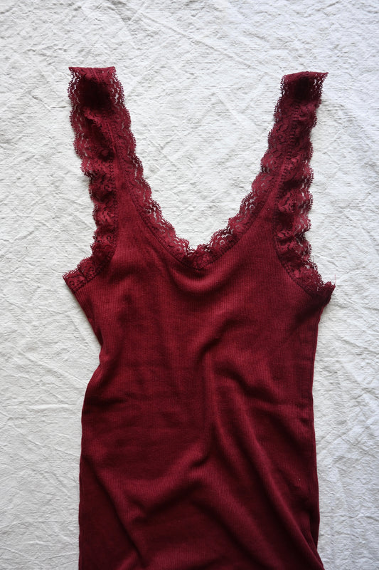 Cotton rib lace tank top/BORDEAUX
