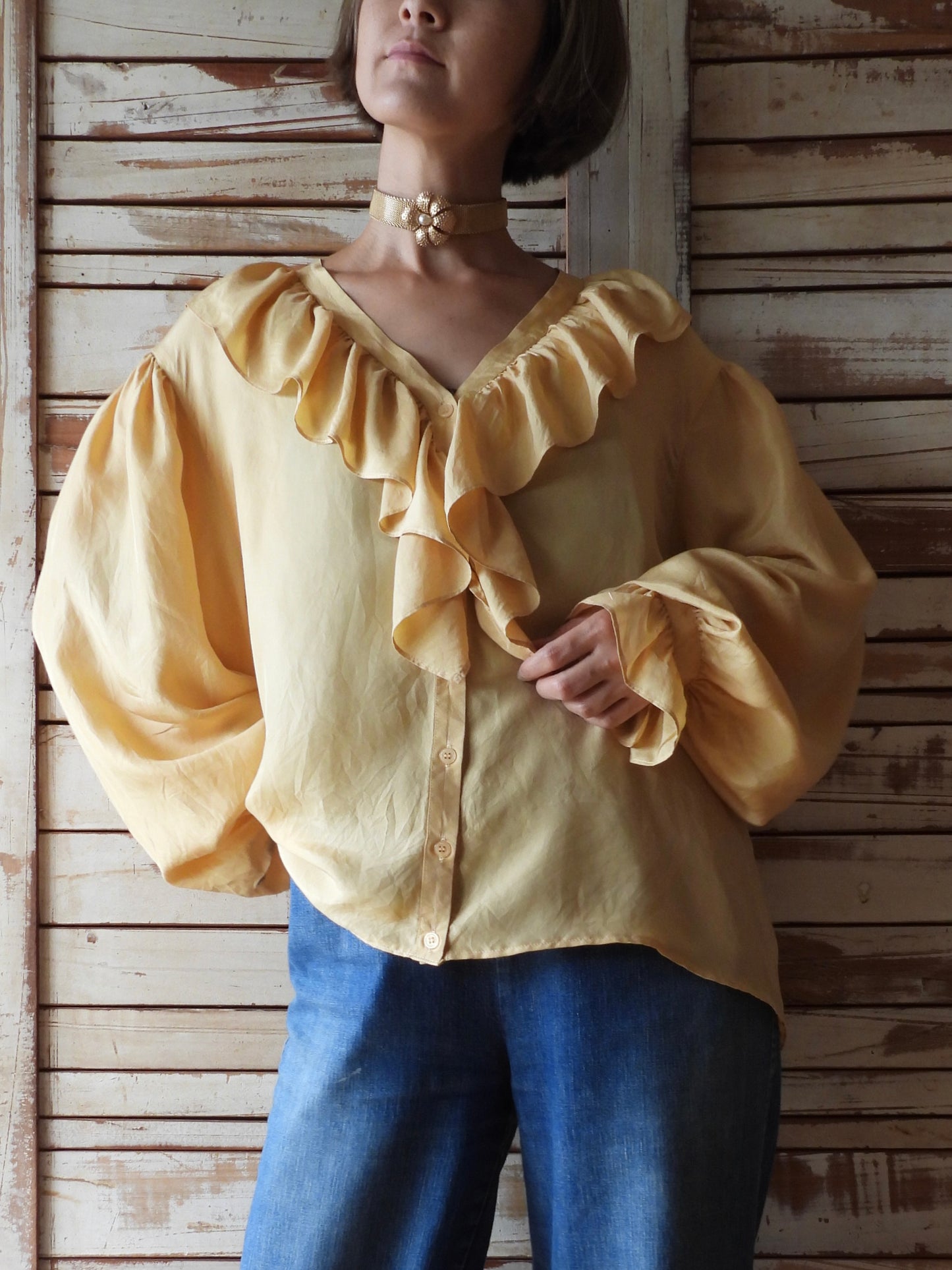 L/S Frill silk blouse/YELLOW BEIGE