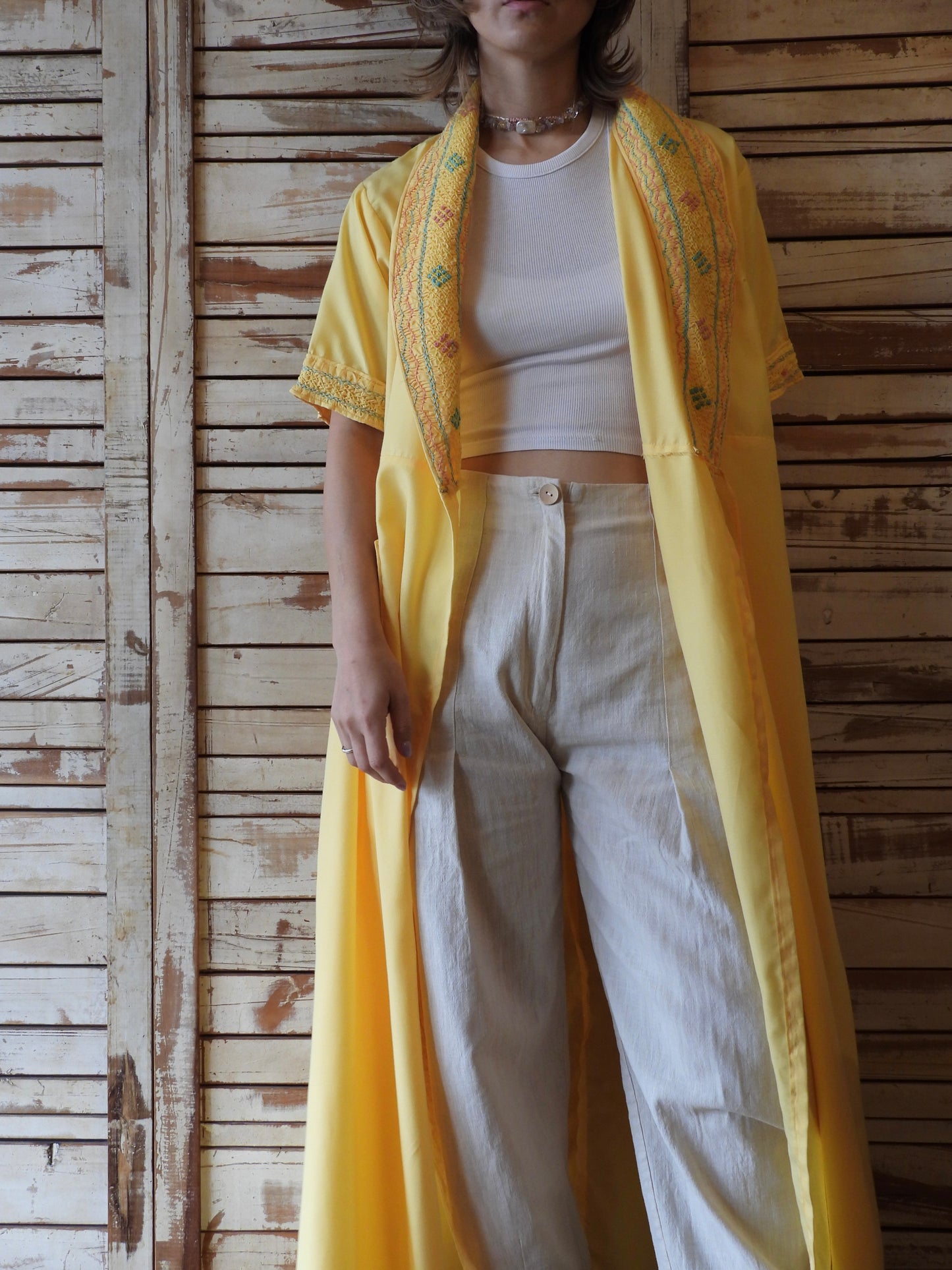 Smocking embroidered long gown dress/YELLOW