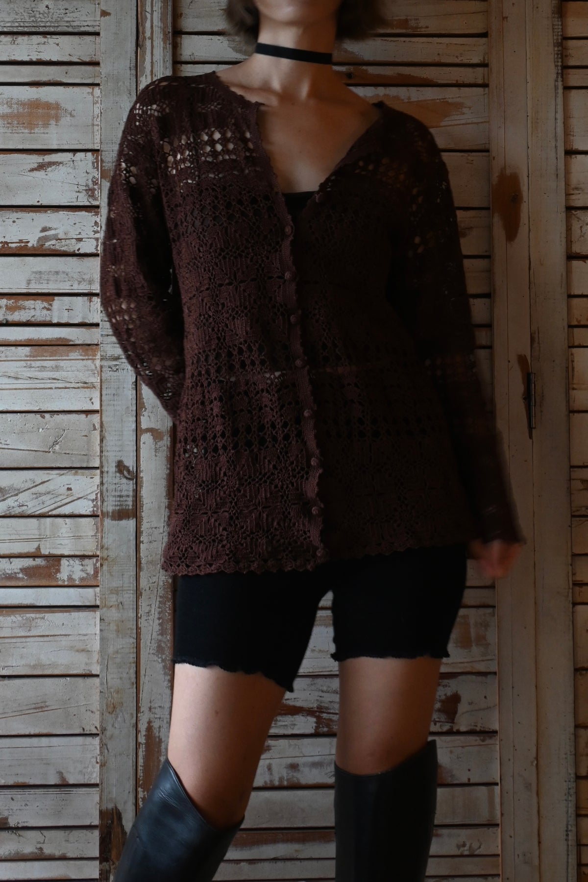 90's Floral crochet knit/BROWN