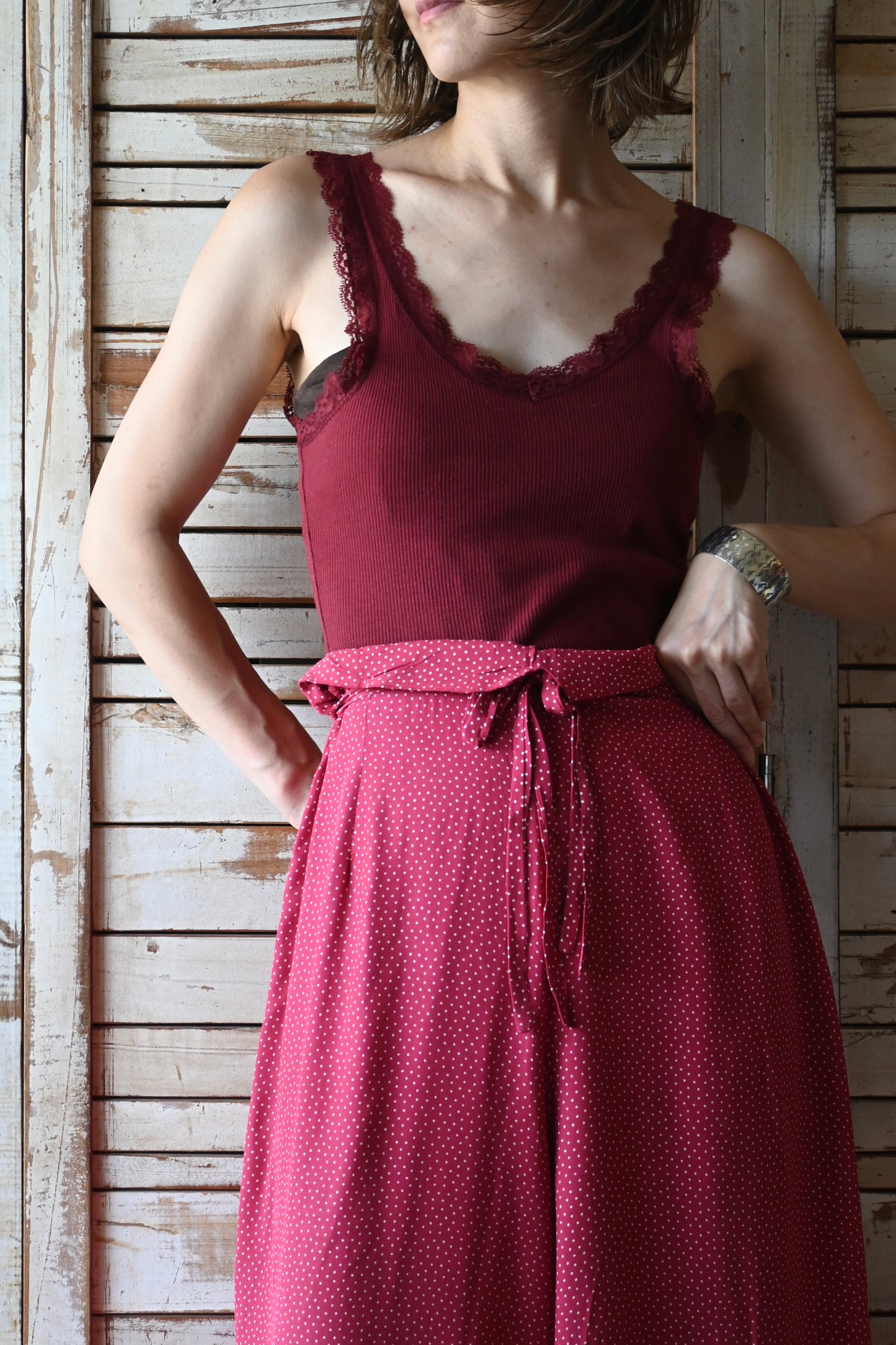 Cotton rib lace tank top/BORDEAUX