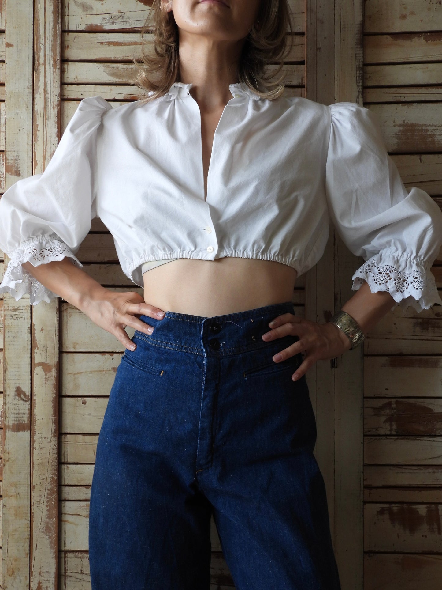 Cropped cotton blouse/WHITE