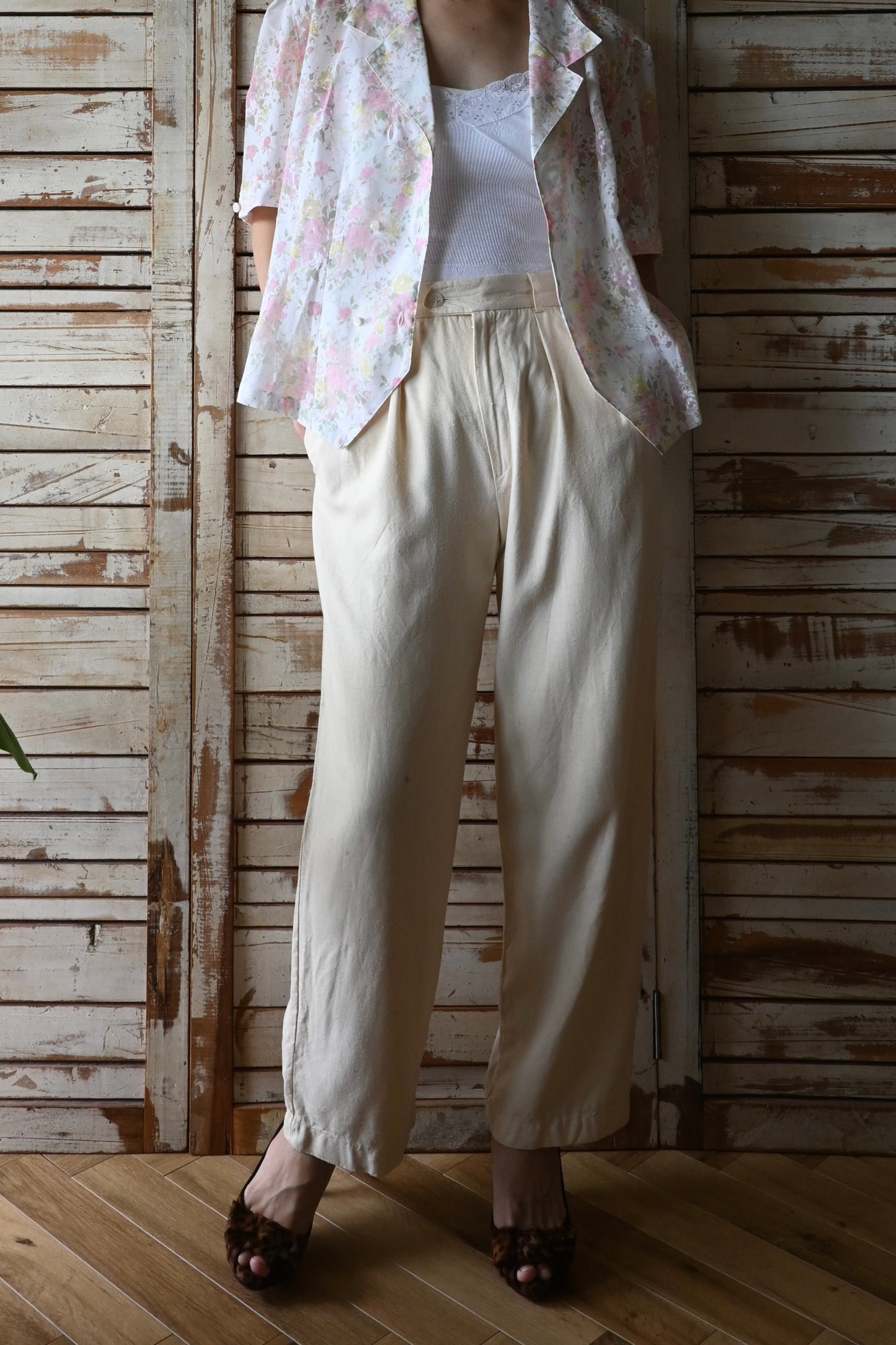 80's Silk tuck pants/CREAM