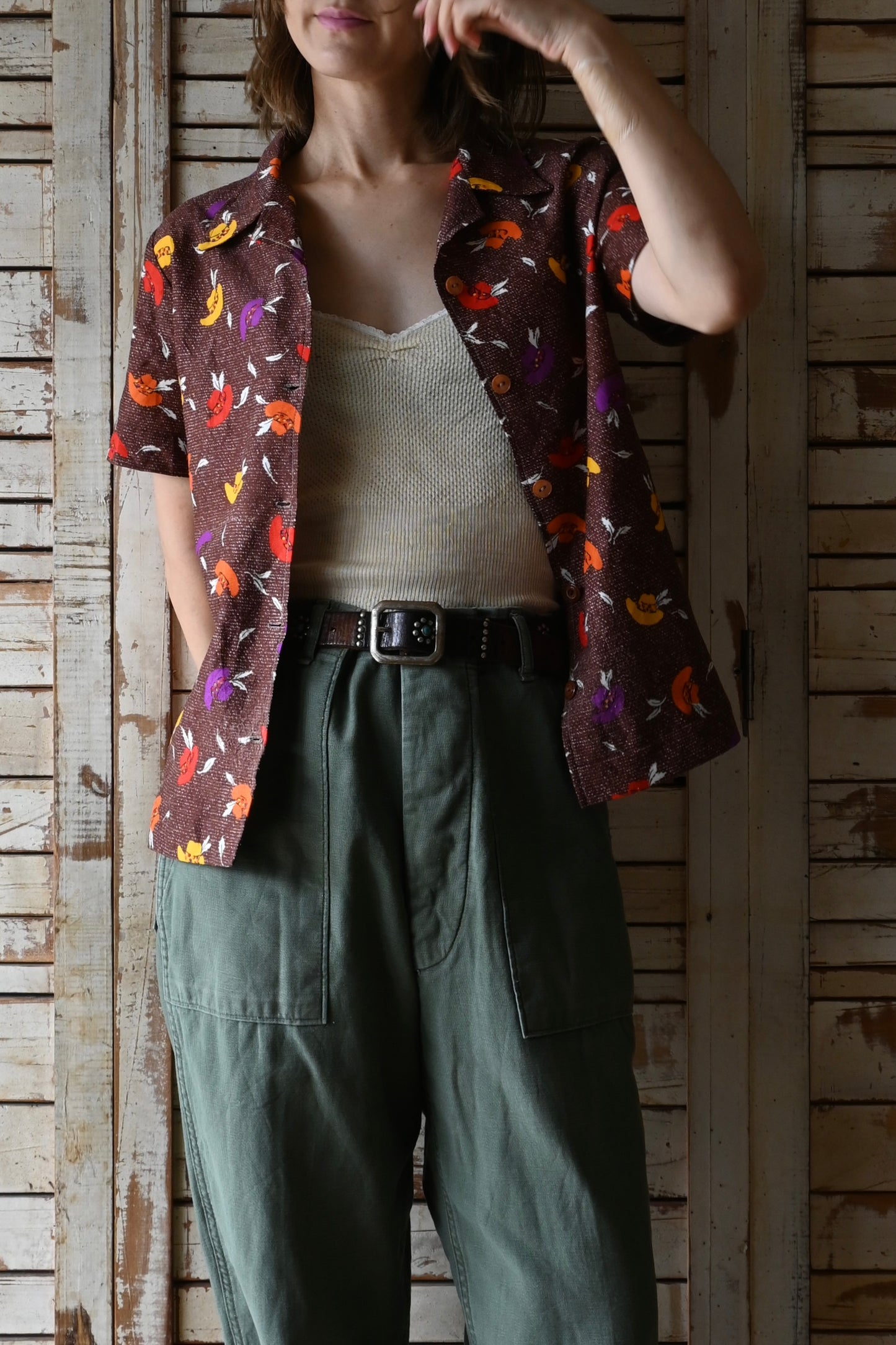70's Western pattern shirt/BROWN