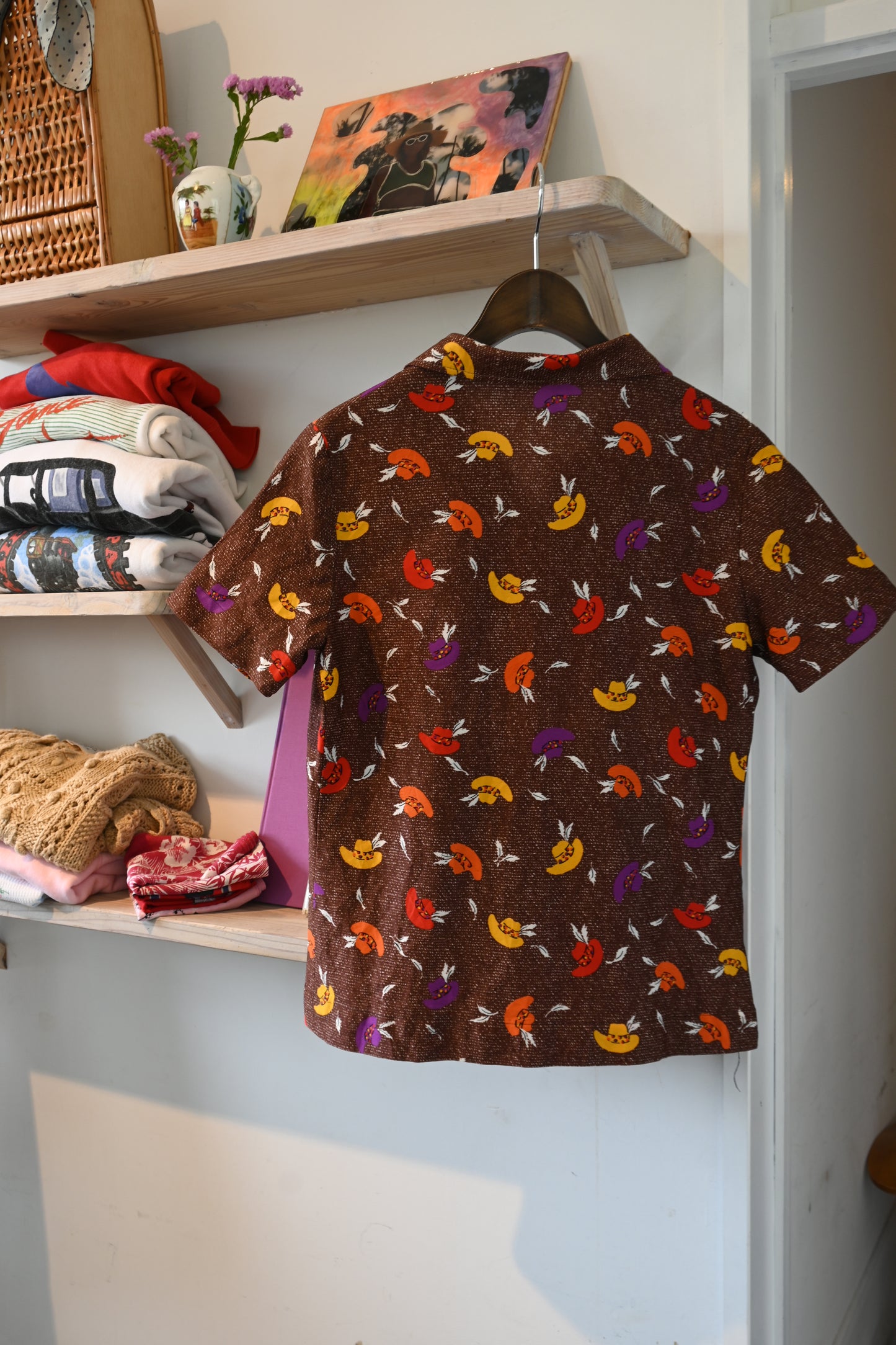 70's Western pattern shirt/BROWN