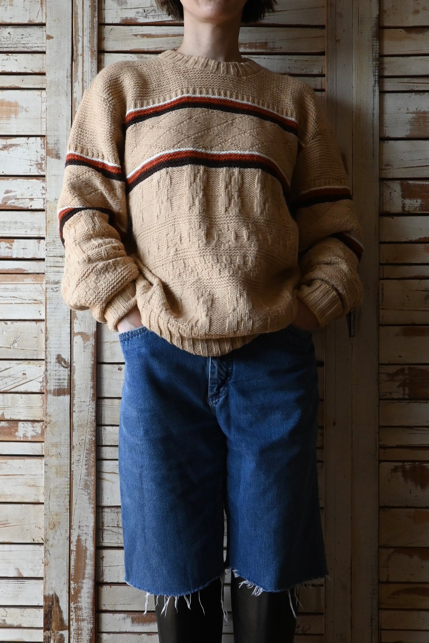 Line knit sweater/BEIGE