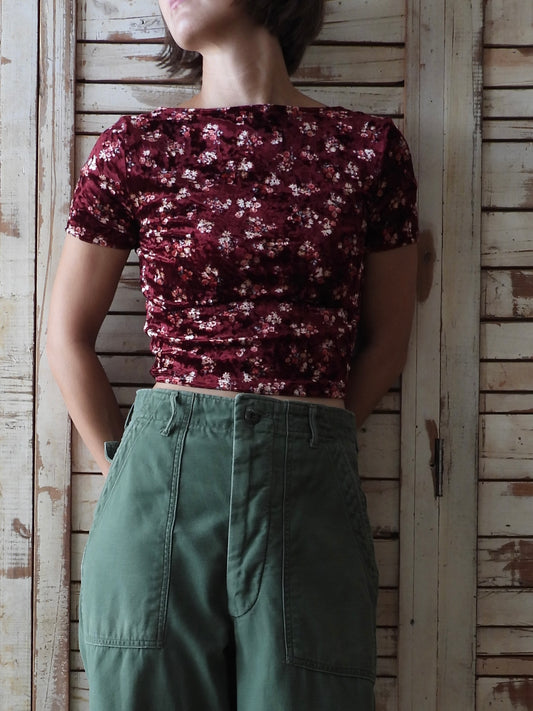 Velour flower printed cropped top/Bordeaux