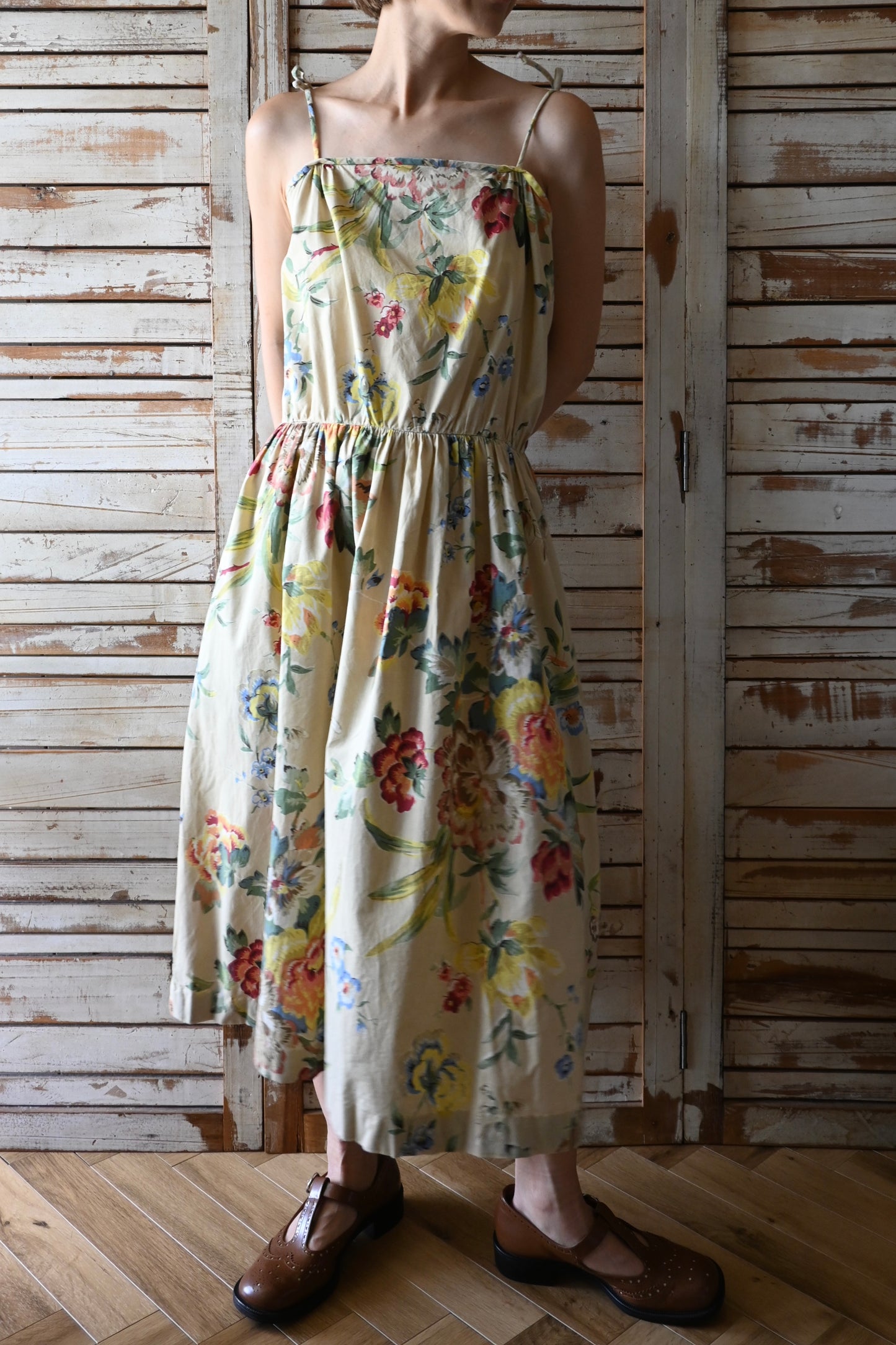 70's Flower pattern dress/BEIGE