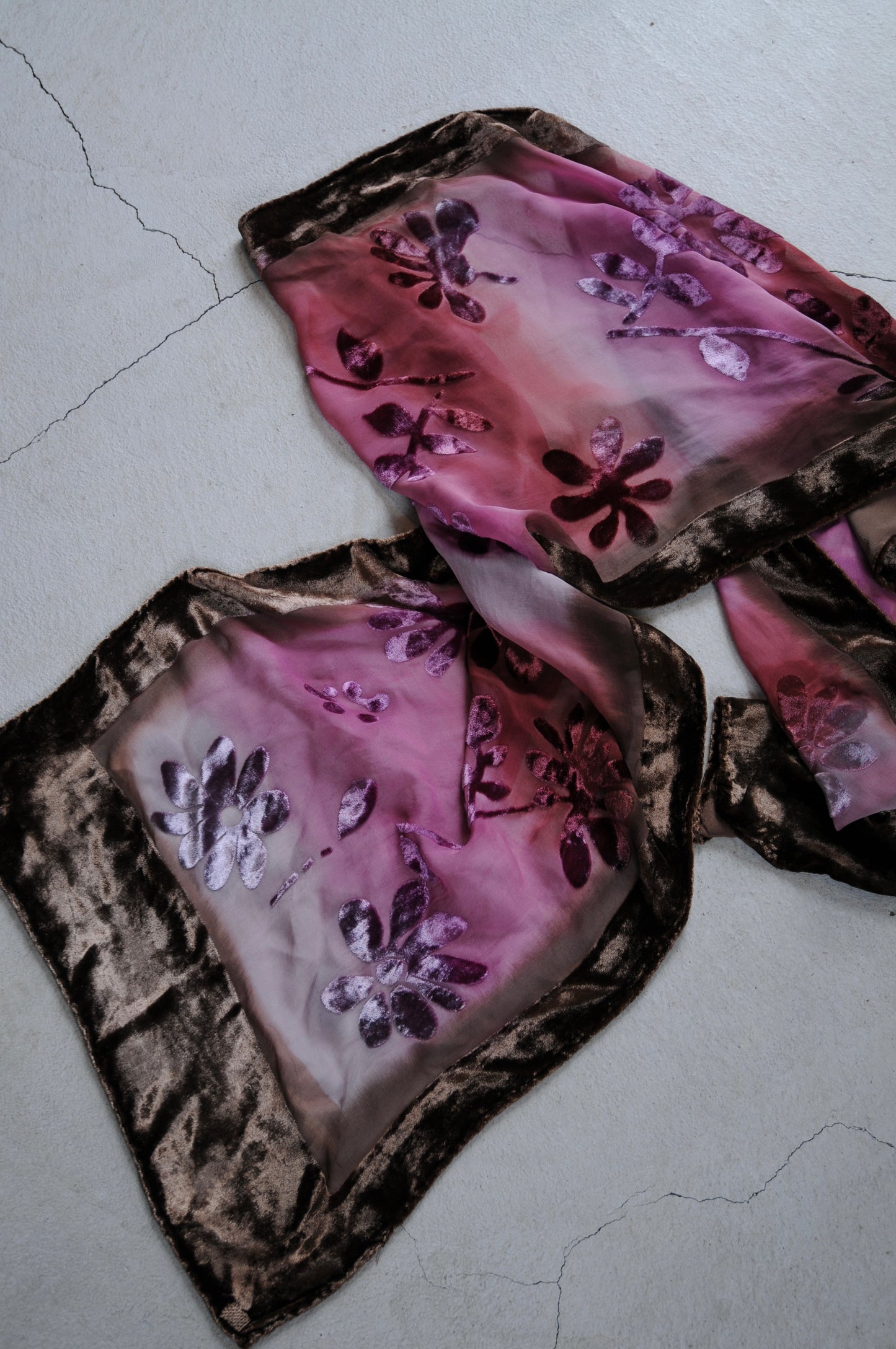 Flower velour long scarf/BROWN×WINE