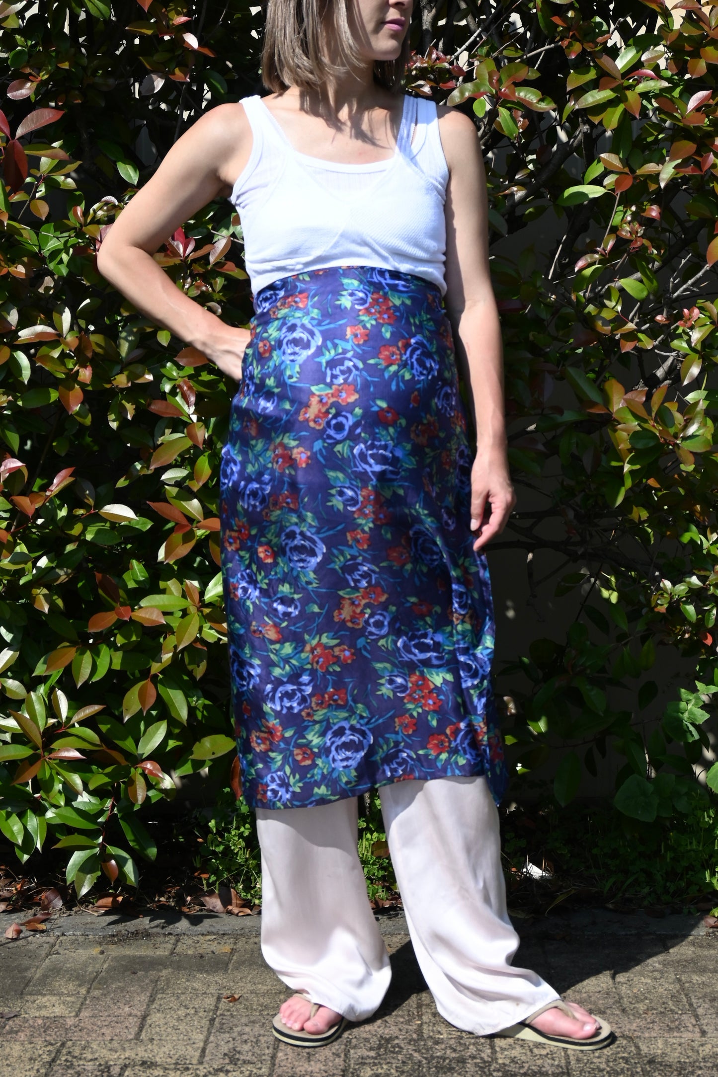Vintage flower Silk Scarf/NAVY