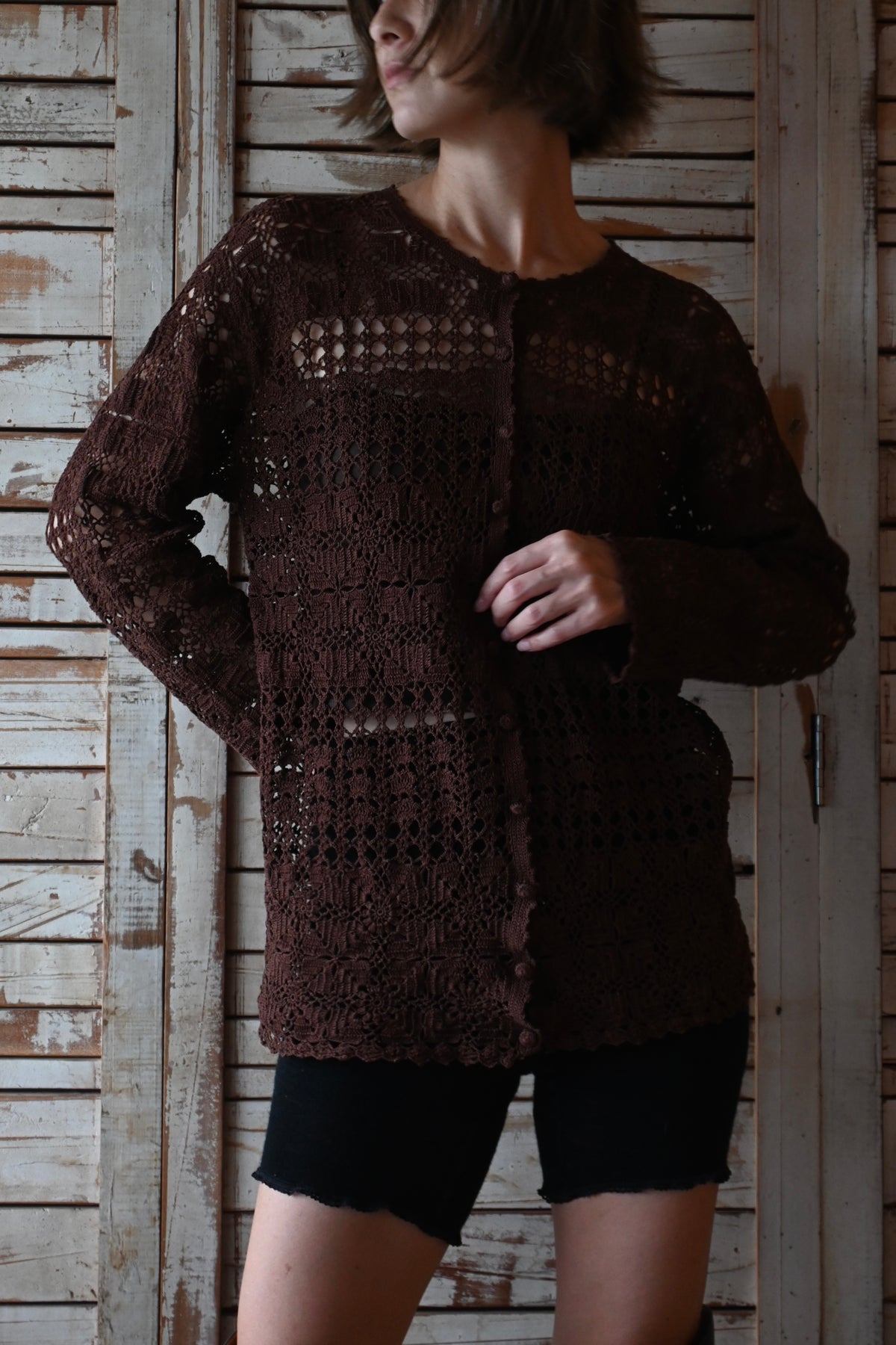 90's Floral crochet knit/BROWN