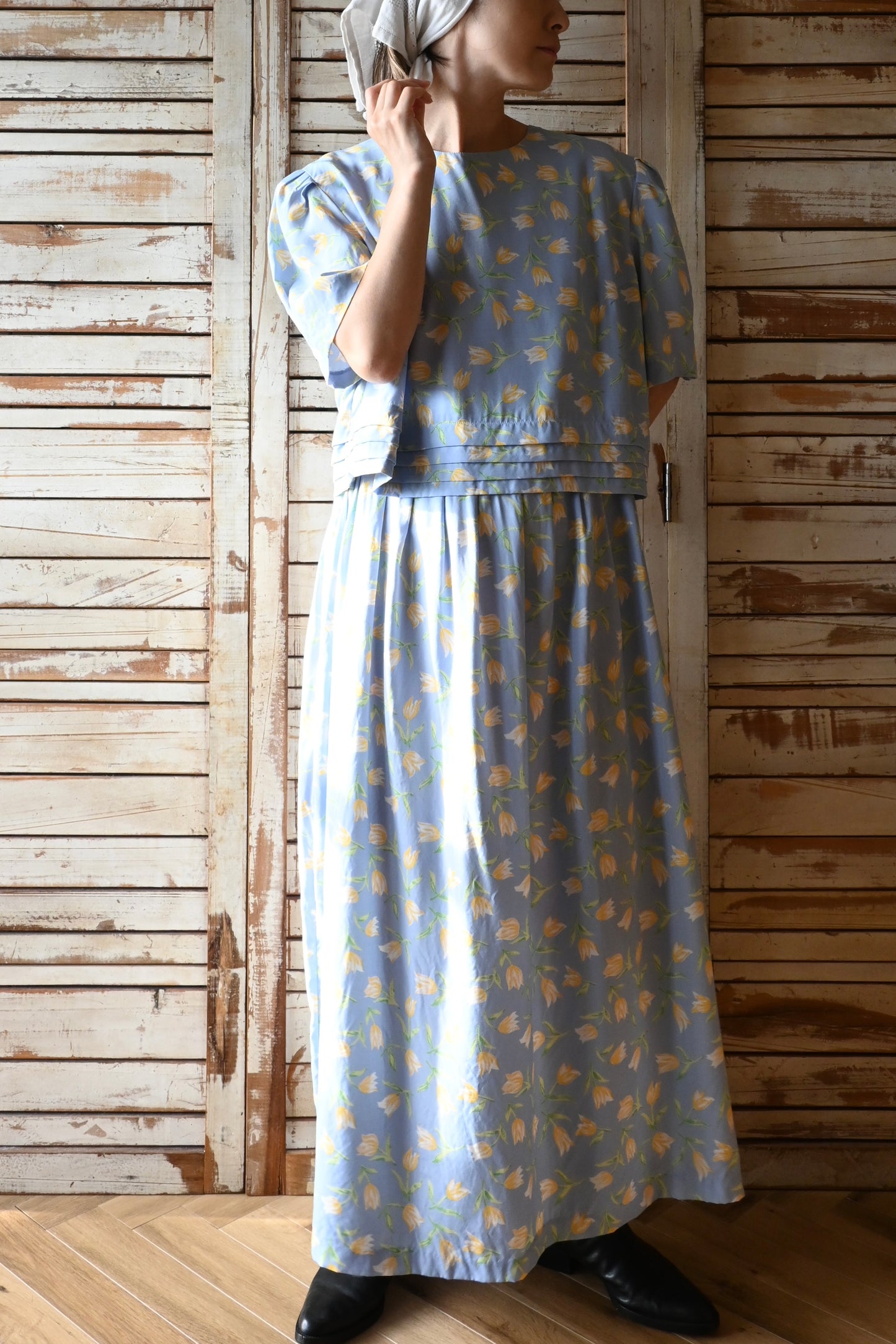 80's Flower long dress/SKY BLUE