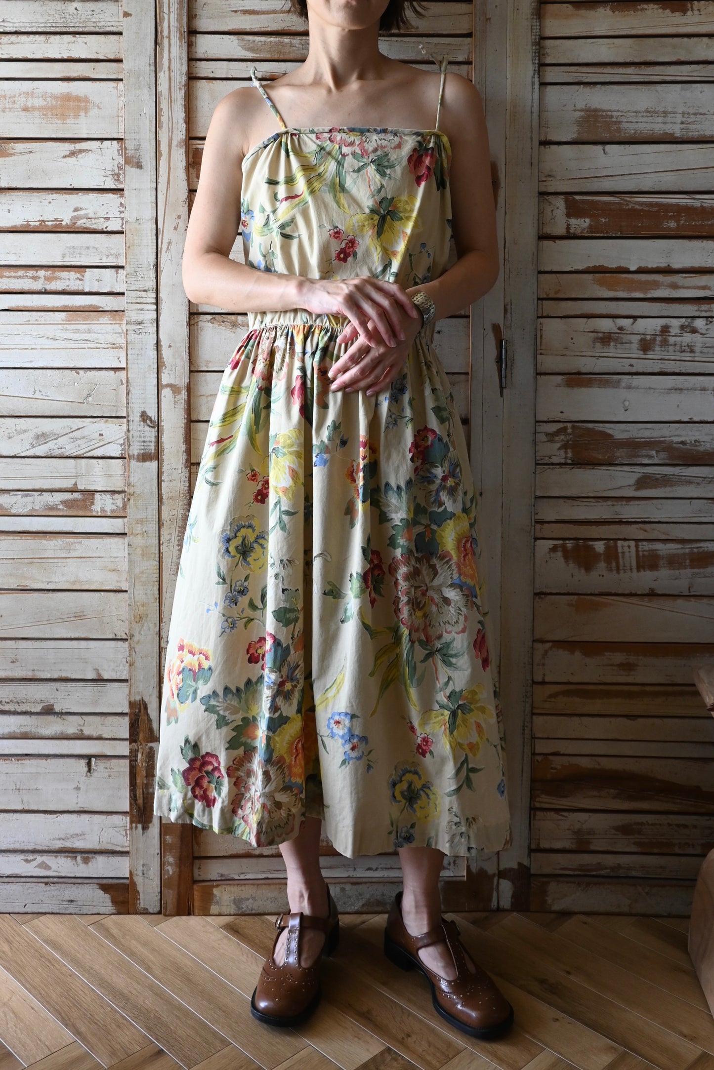 70's Flower pattern dress/BEIGE