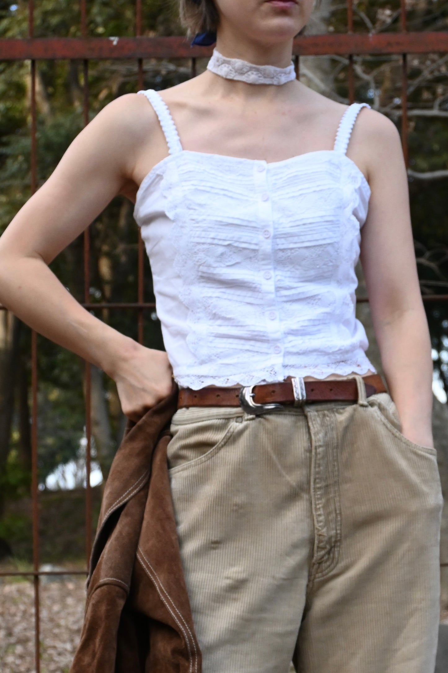 Cotton lace trimmed bustier/WHITE