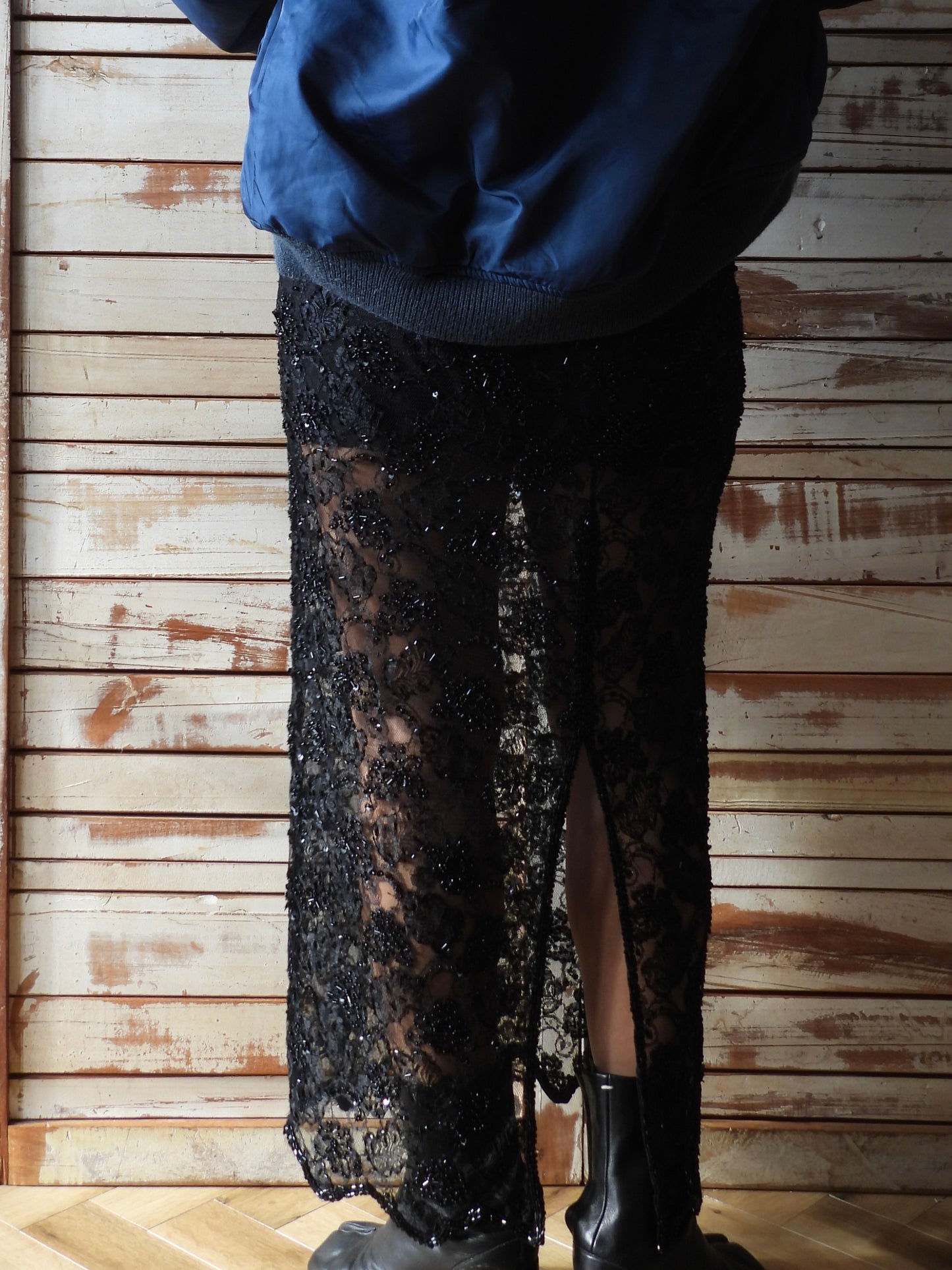 Spangle beads long skirt/BLACK