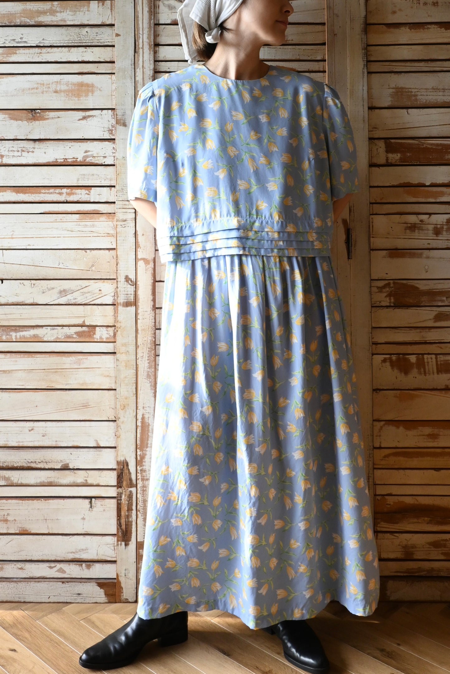 80's Flower long dress/SKY BLUE