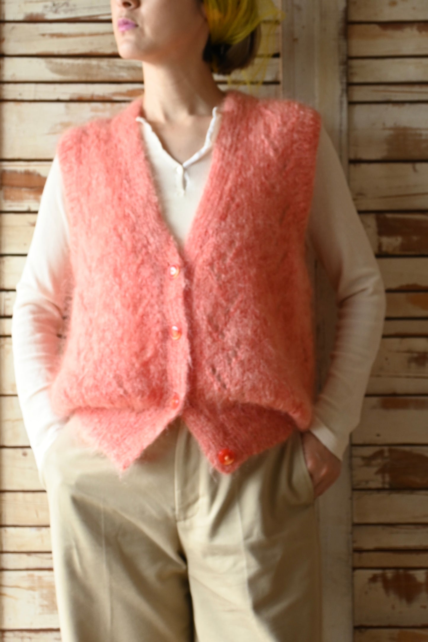 Mohair knit vest/SALMON PINK
