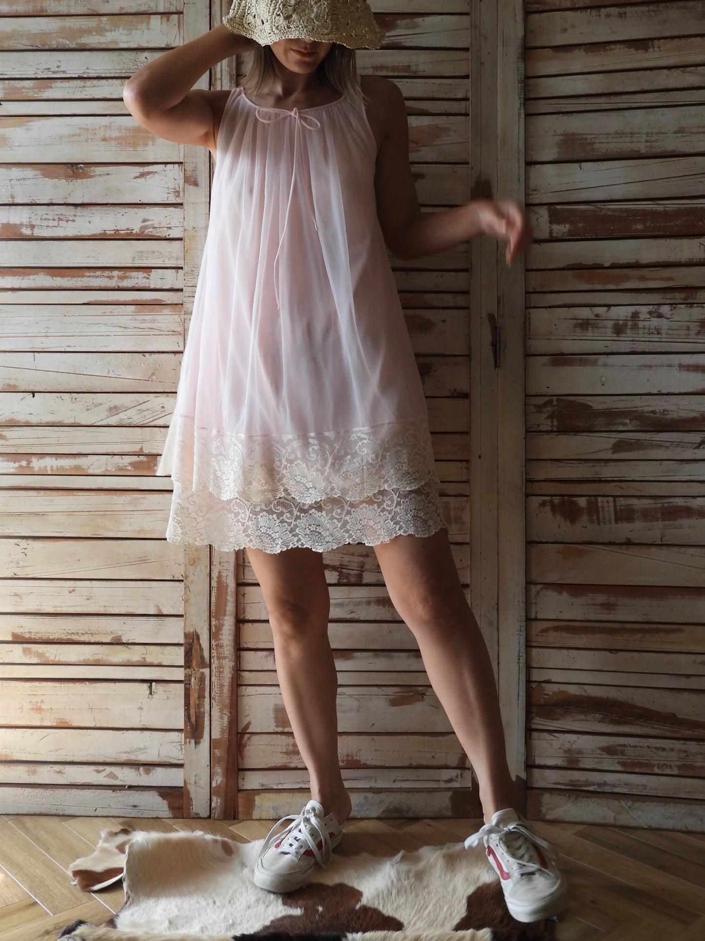 '60s-'70s Lace nighty dress/PINK