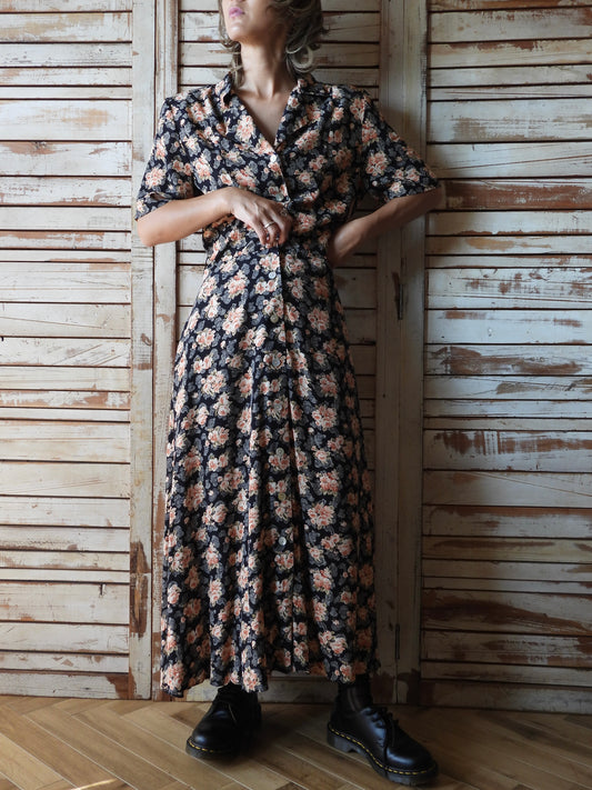 '80s-'90s Flower printed long dress/BLACK