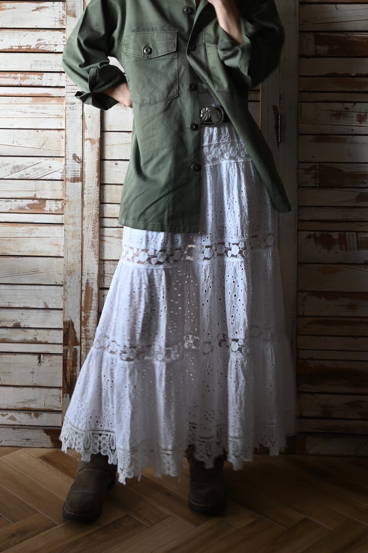 Cutwork lace long skirt/WHITE