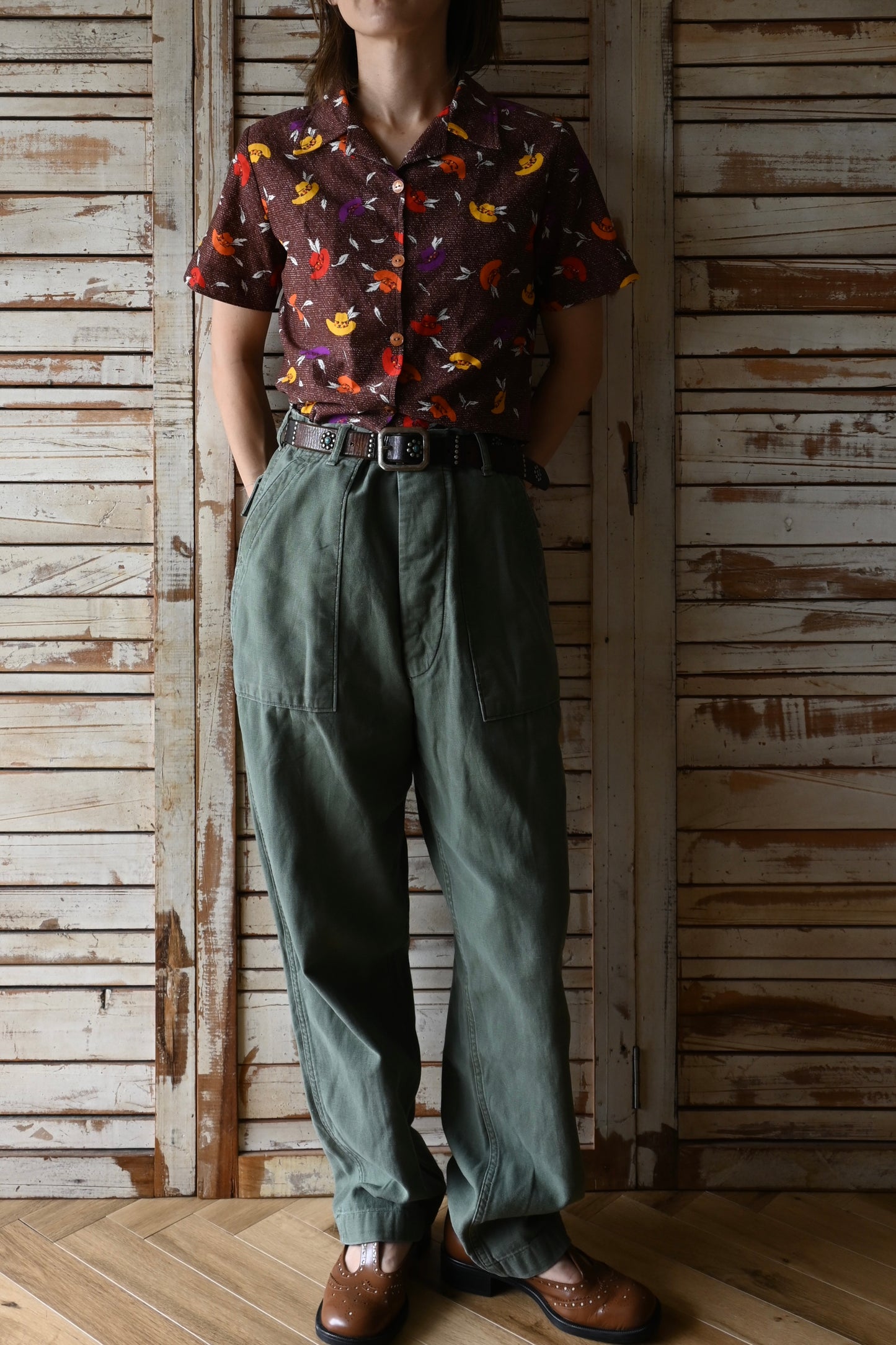 70's Western pattern shirt/BROWN