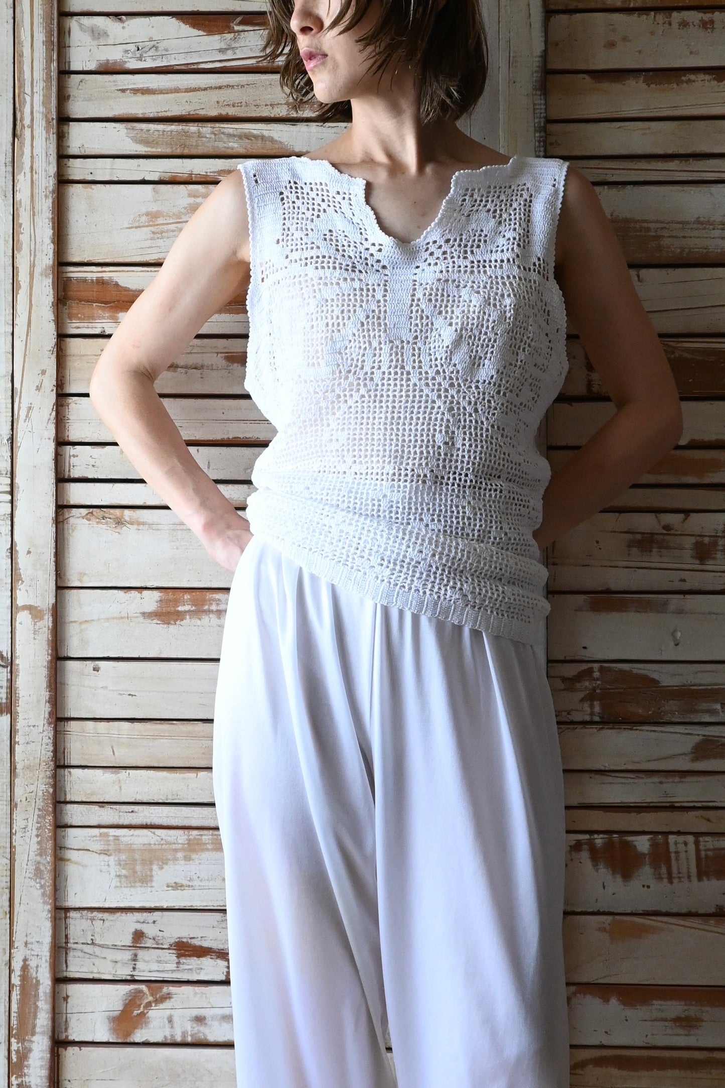 Crochet lace knit top/WHITE