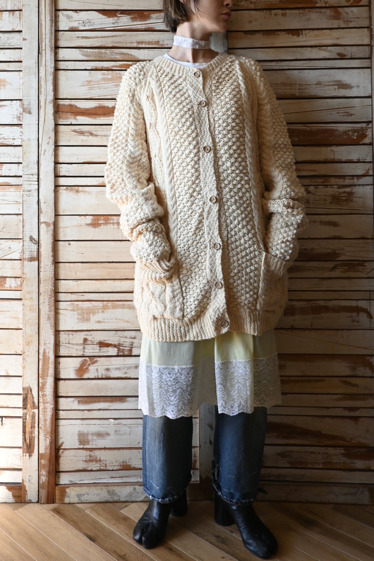 Fisherman knit cardigan/IVORY