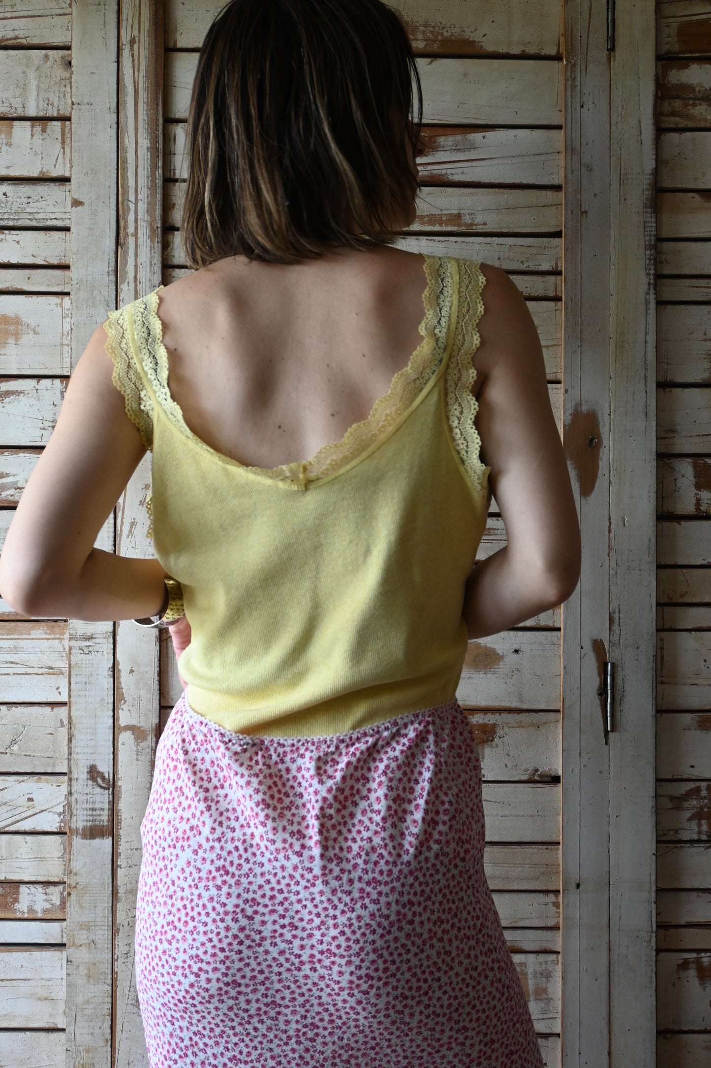 Cotton rib lace tank top/YELLOW