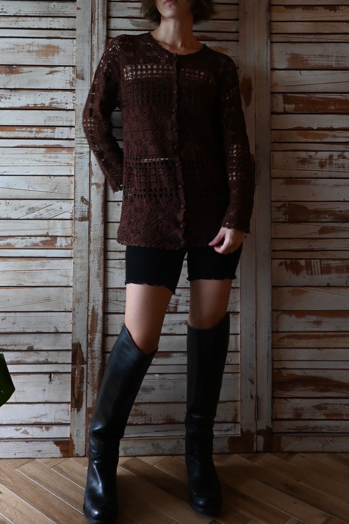 90's Floral crochet knit/BROWN