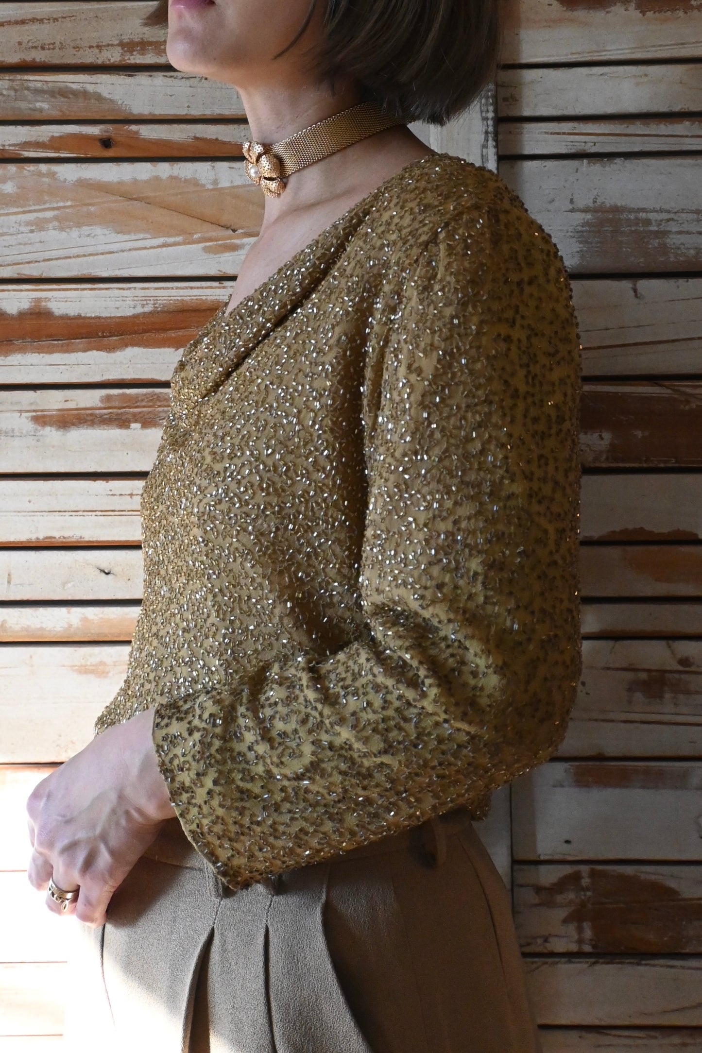 "Laurence Kazar" sequin tops/CAMEL