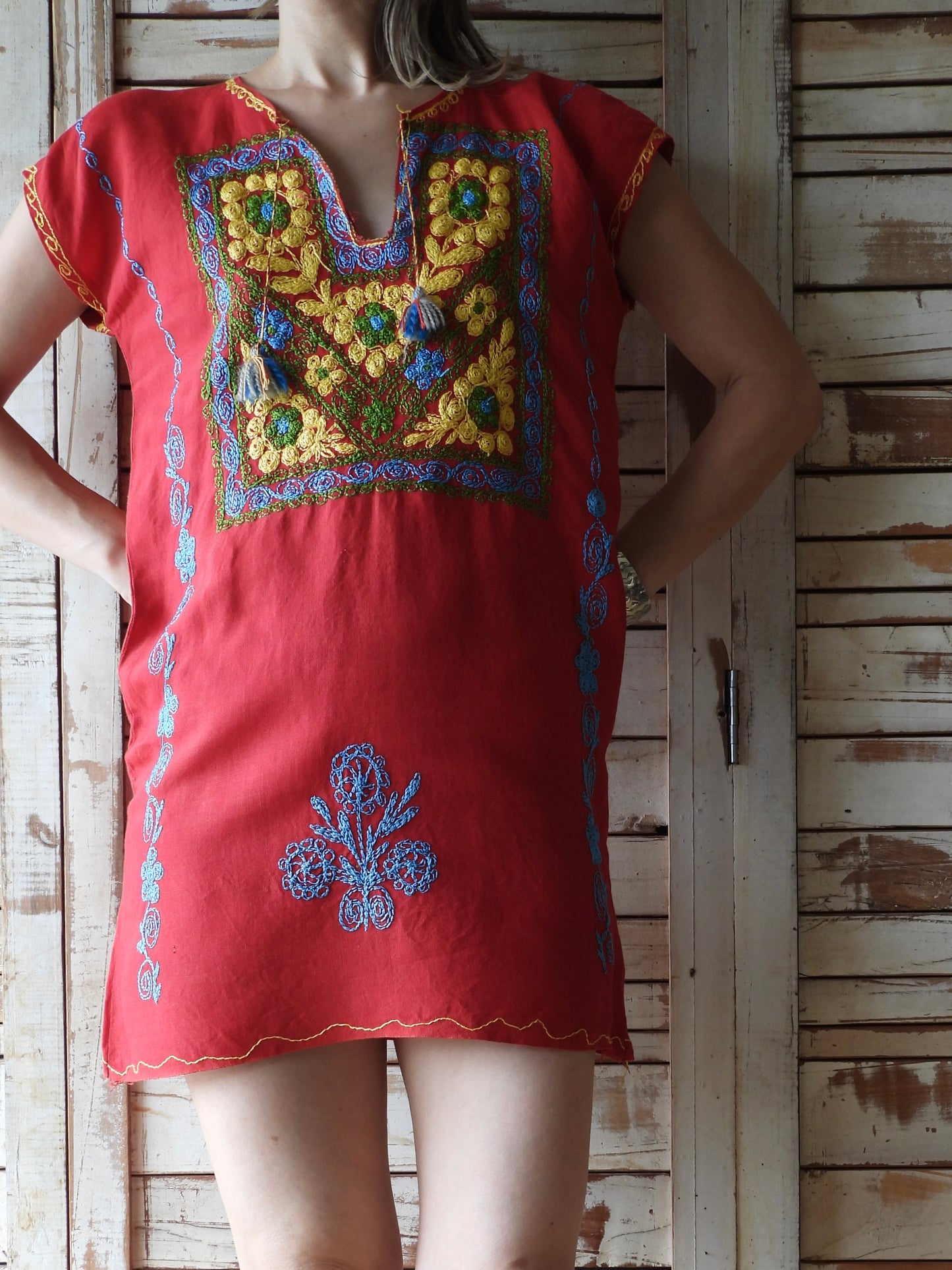 Flower embroidery mini dress/RED