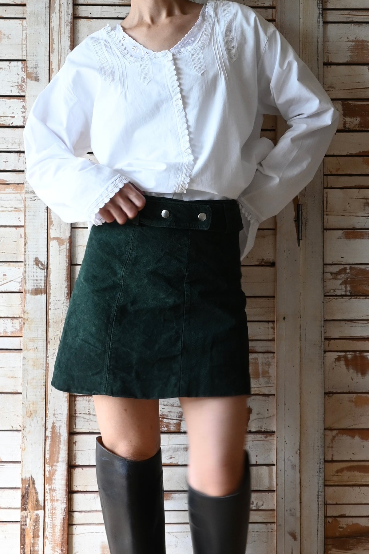 Leather mini skirt/DARK GREEN