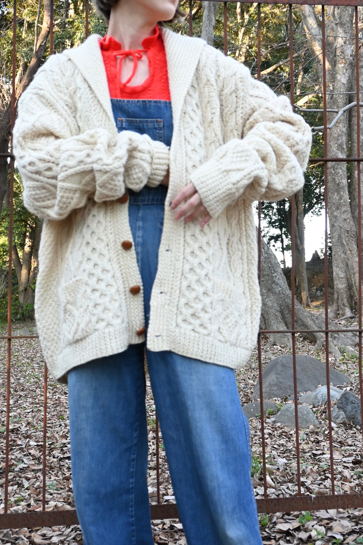 Fisherman knit cardigan/IVORY