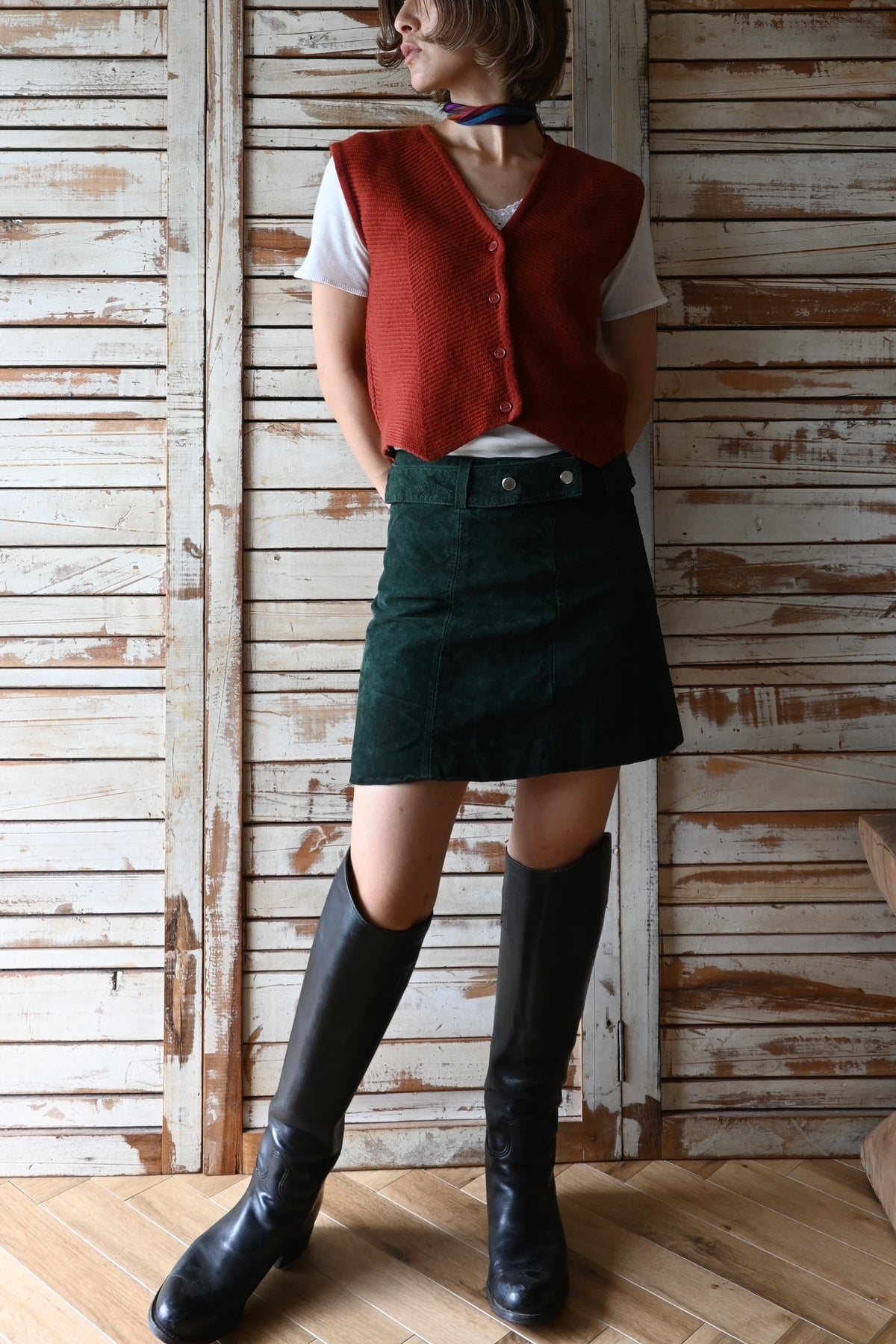 Leather mini skirt/DARK GREEN