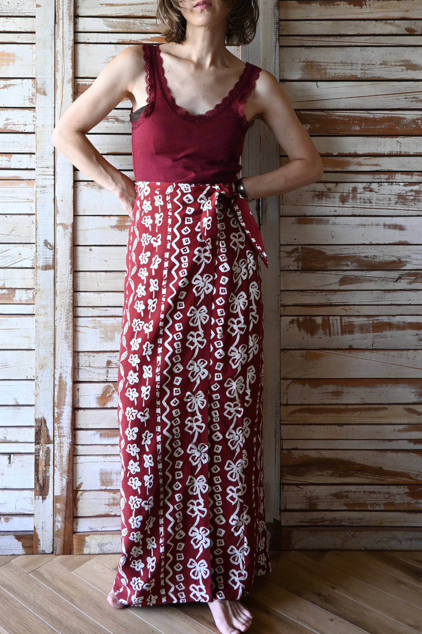 Flower pattern wrap skirt/BORDEAUX　