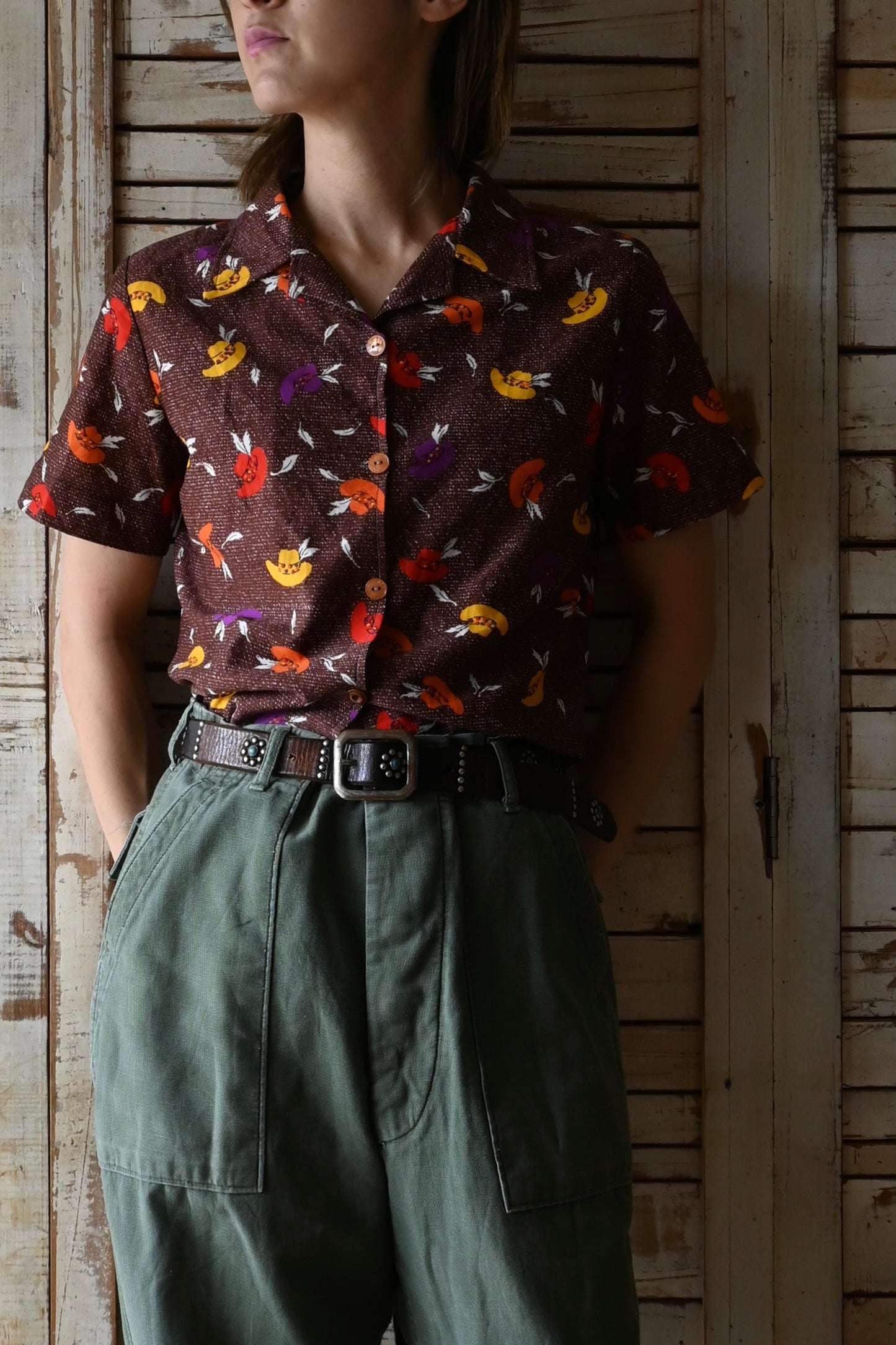 70's Western pattern shirt/BROWN