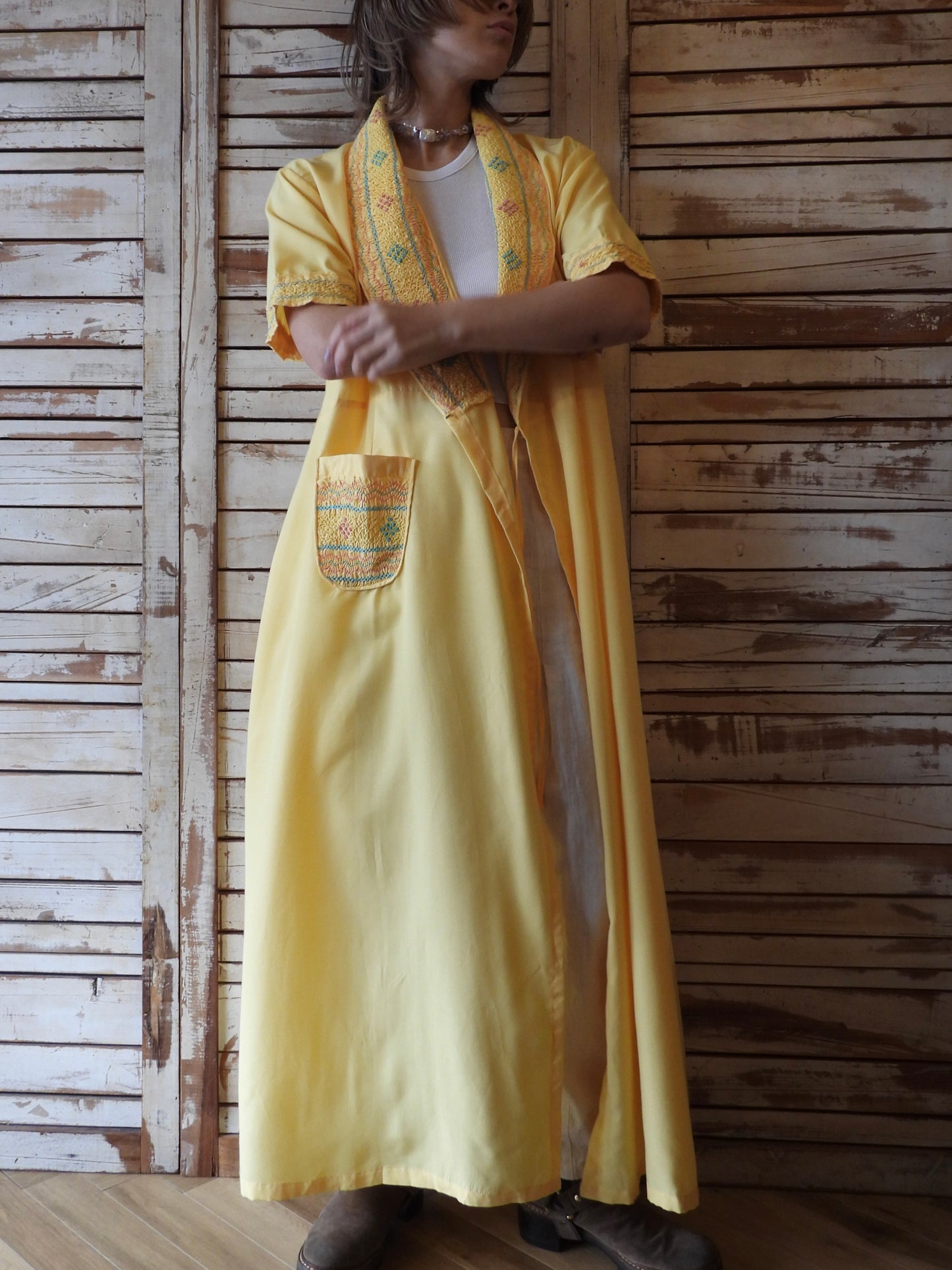 Smocking embroidered long gown dress/YELLOW