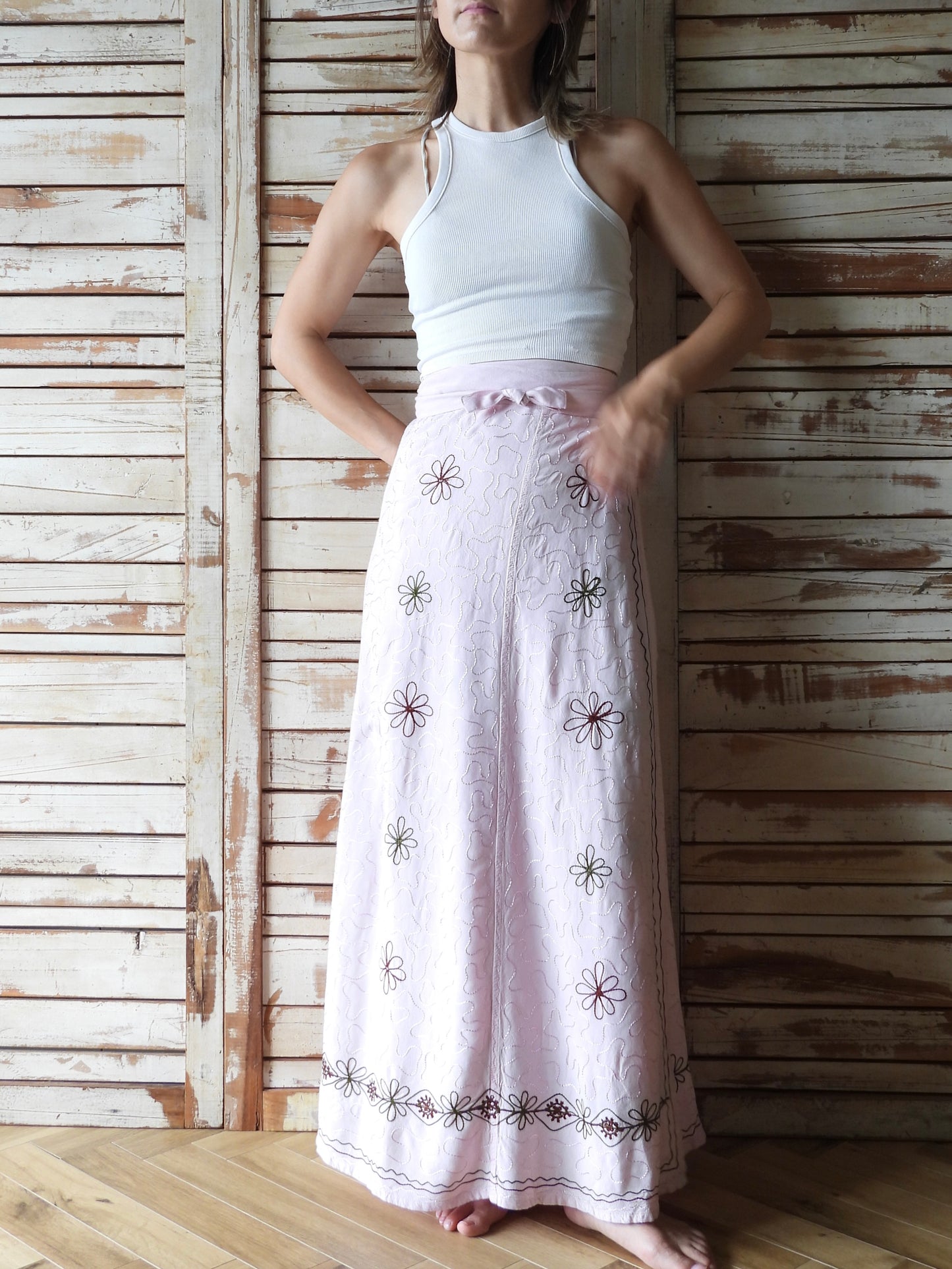 Flower embroidery wrap skirt/B.PINK