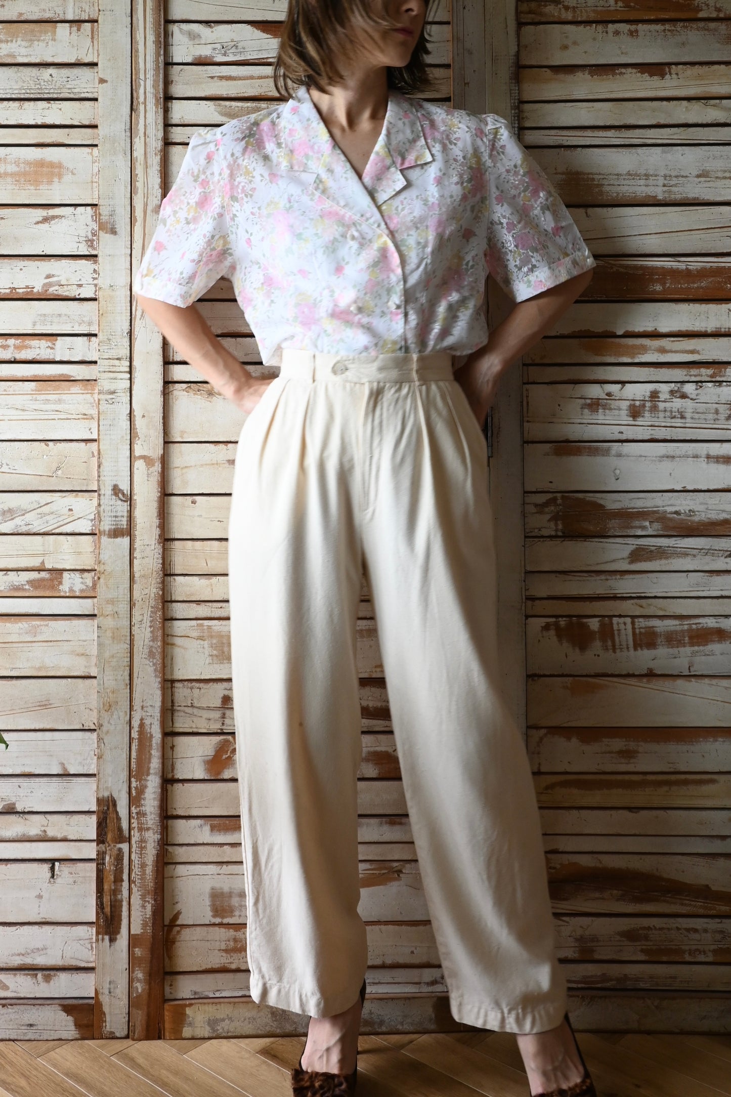 80's Silk tuck pants/CREAM